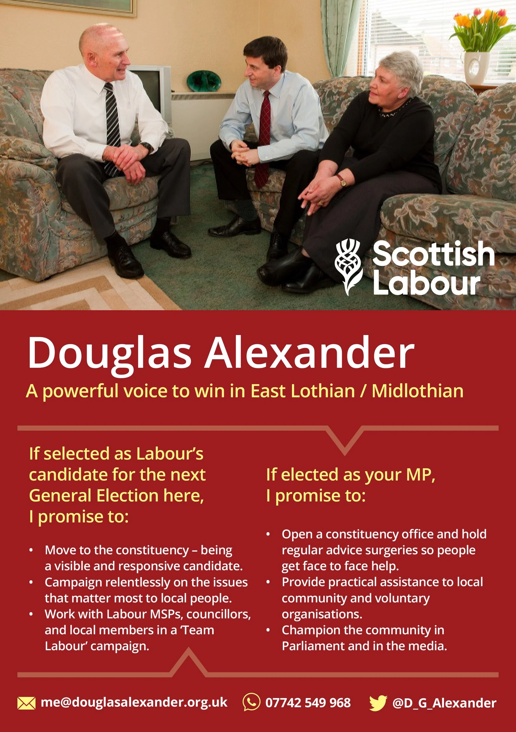 A promotional campaign poster for Douglas Alexander, a Scottish Labour politician, with a photo of him engaging in a conversation with two older adults in a living room setting. The poster includes contact information at the bottom, including email, 