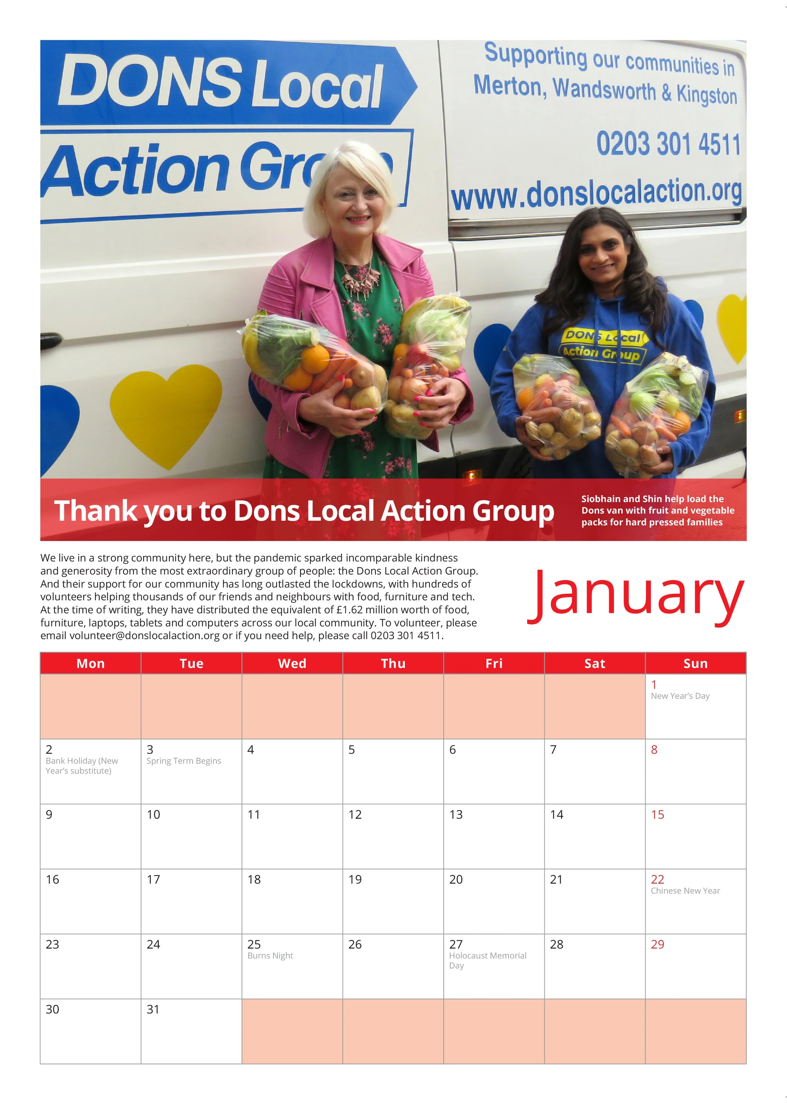 A promotional calendar page featuring the Dons Local Action Group, with two women holding bags of vegetables in front of a bus with the organization's logo and contact information. The calendar displays January dates and holidays.