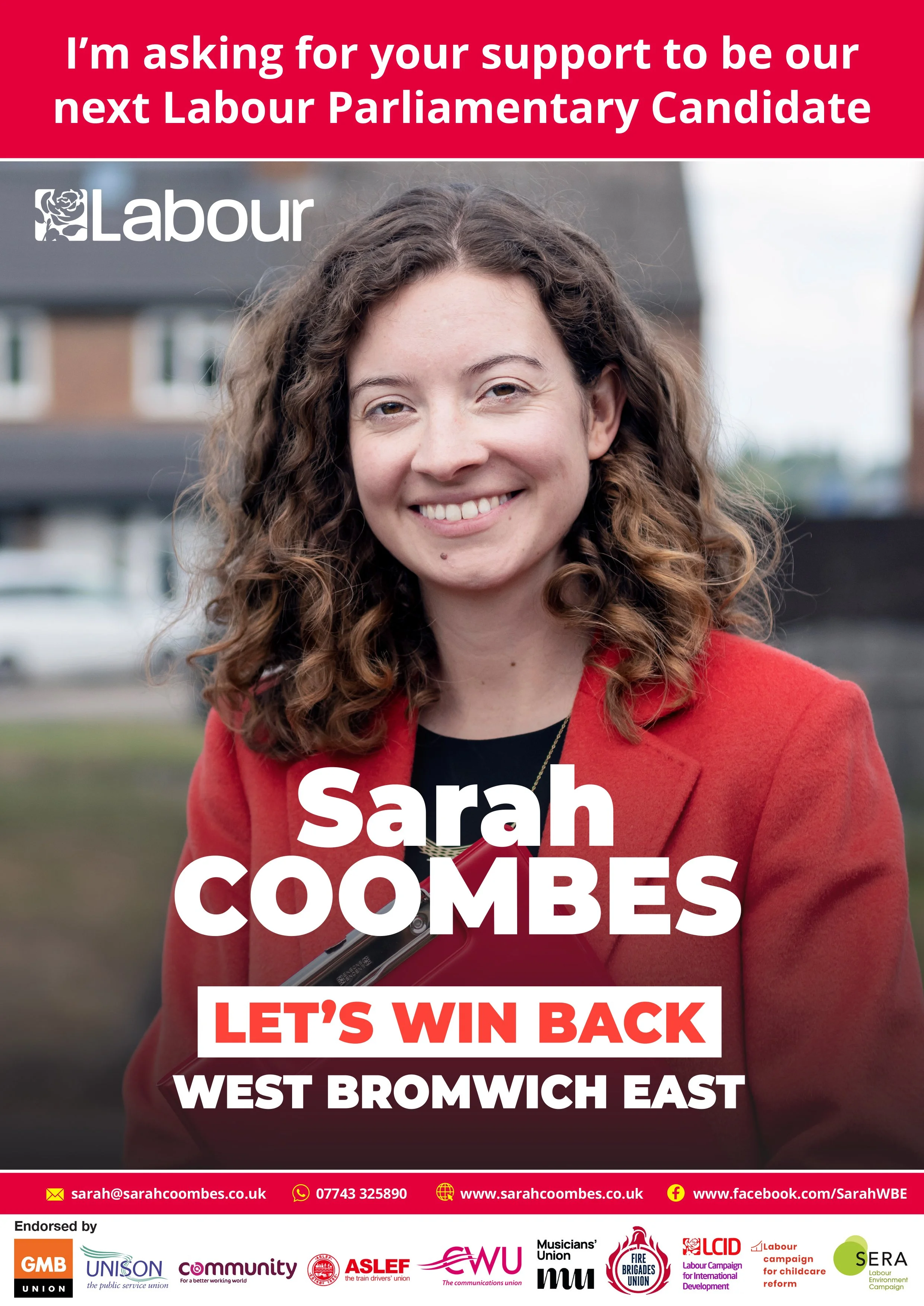 A woman with curly hair smiling, wearing a red coat, holding a document, standing outdoors, with campaign text overlayed. The campaign urges support for Sarah Coombes, a Labour parliamentary candidate, with contact info at the bottom and endorsements