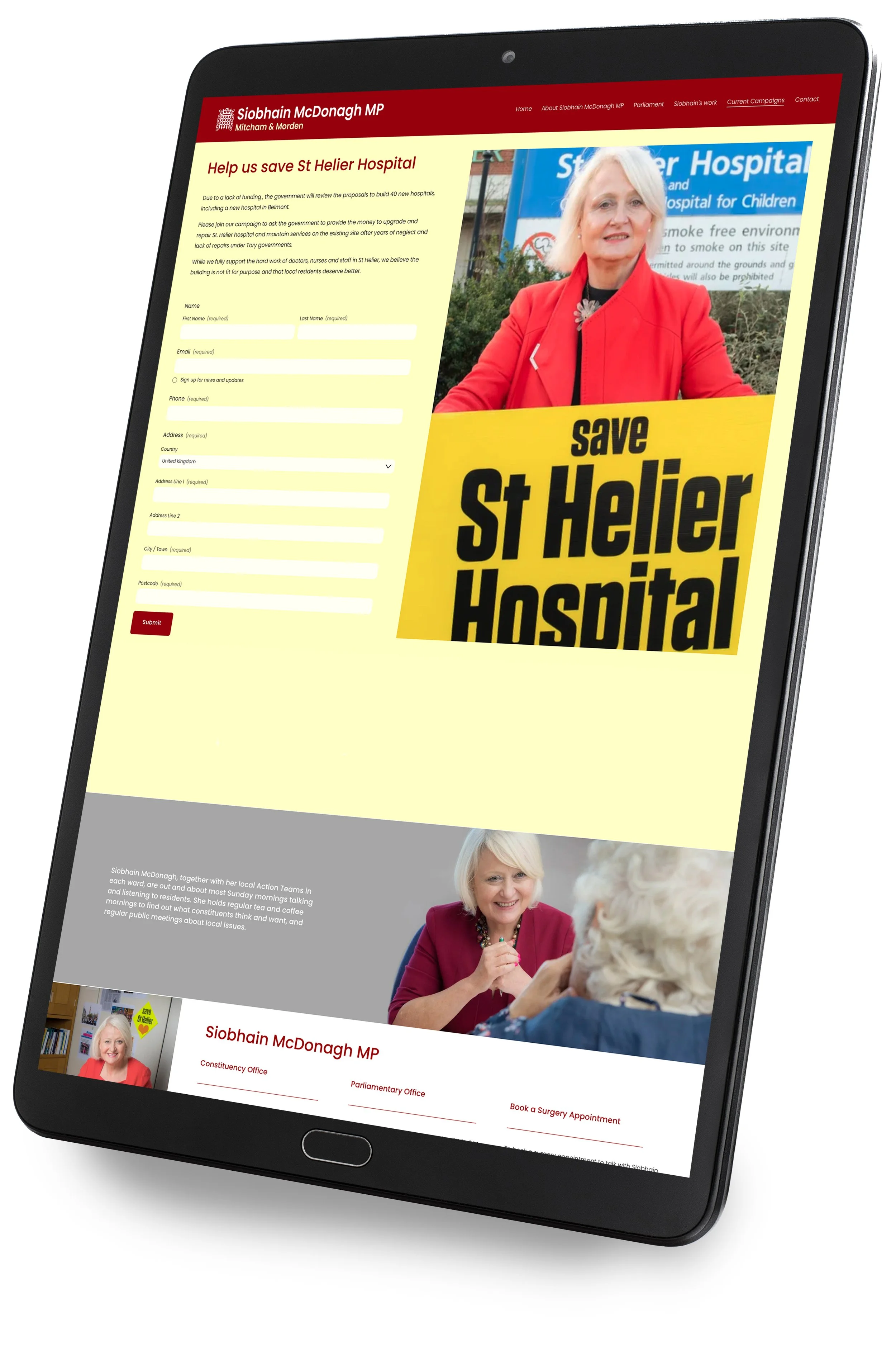 Tablet displaying a political campaign website for Siobhán McDonagh MP, with a photo of a woman in red near a sign that reads 'save St Helier Hospital' and a section with her information and contact options.