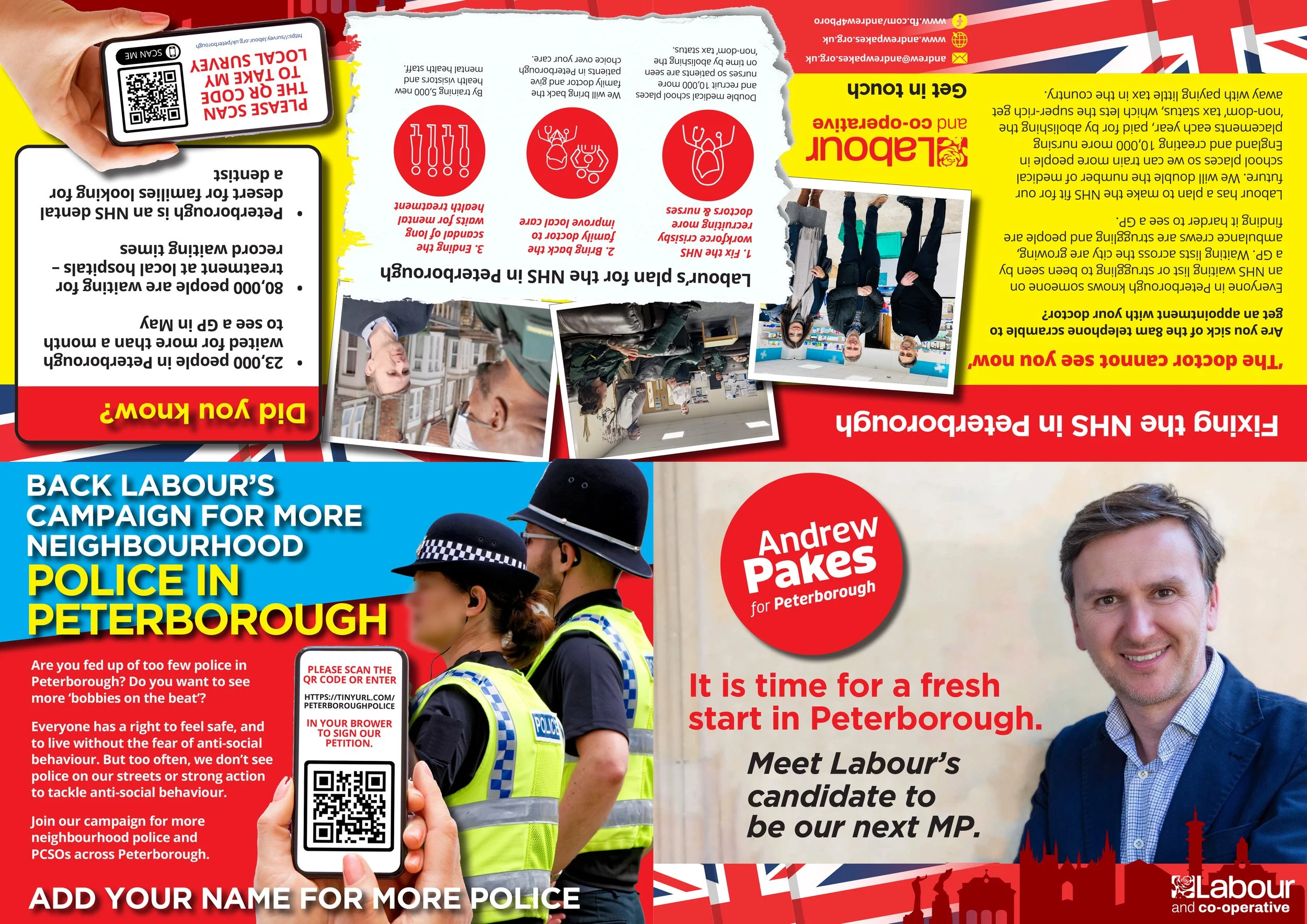 A political campaign flyer for Labour in Peterborough, featuring a man with short brown hair and a blue suit, standing outside near a red brick building. The flyer has red, white, and blue colors, including the Union Jack flag pattern, and contains i