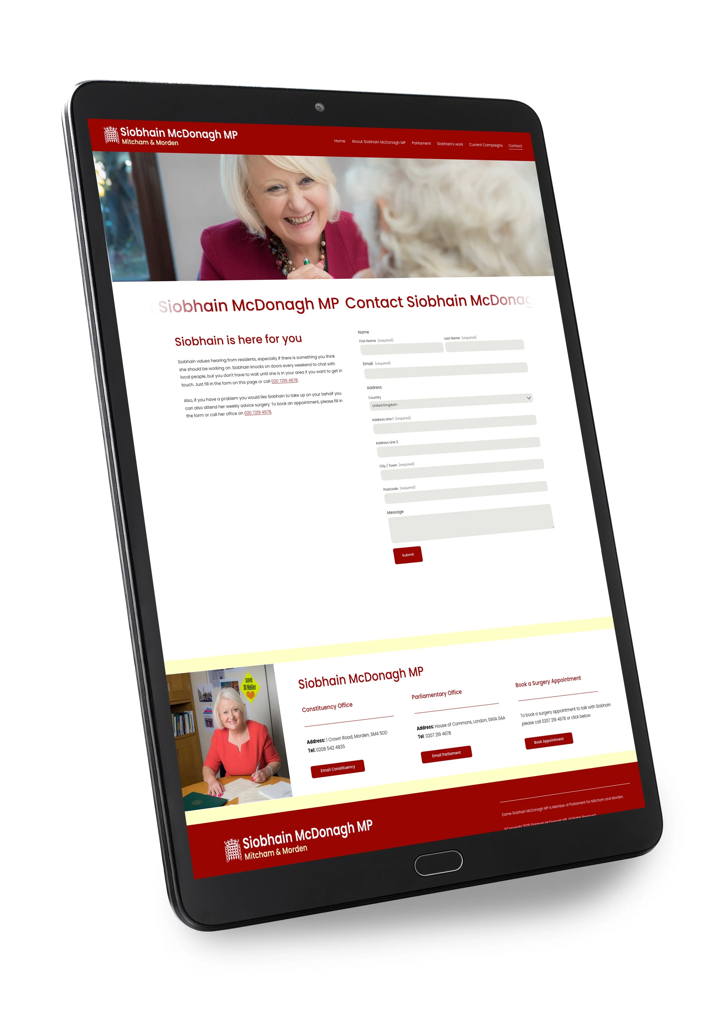 Tablet screen displaying a politician's website with images, navigation menu, and contact form. The website features a woman with blonde hair wearing a red jacket, smiling.