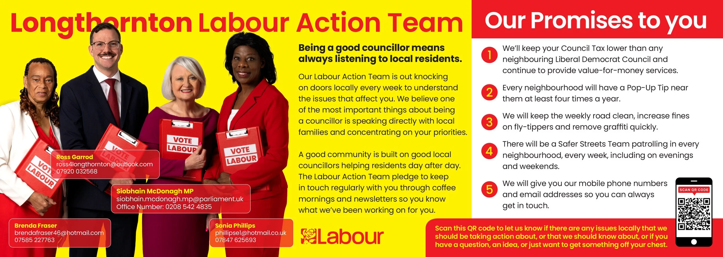 Poster of the Longthorton Labour Action Team with four diverse candidates holding red 'Vote Labour' clipboards. Text highlights promises and contact info for team members, with a QR code for local issue reporting.