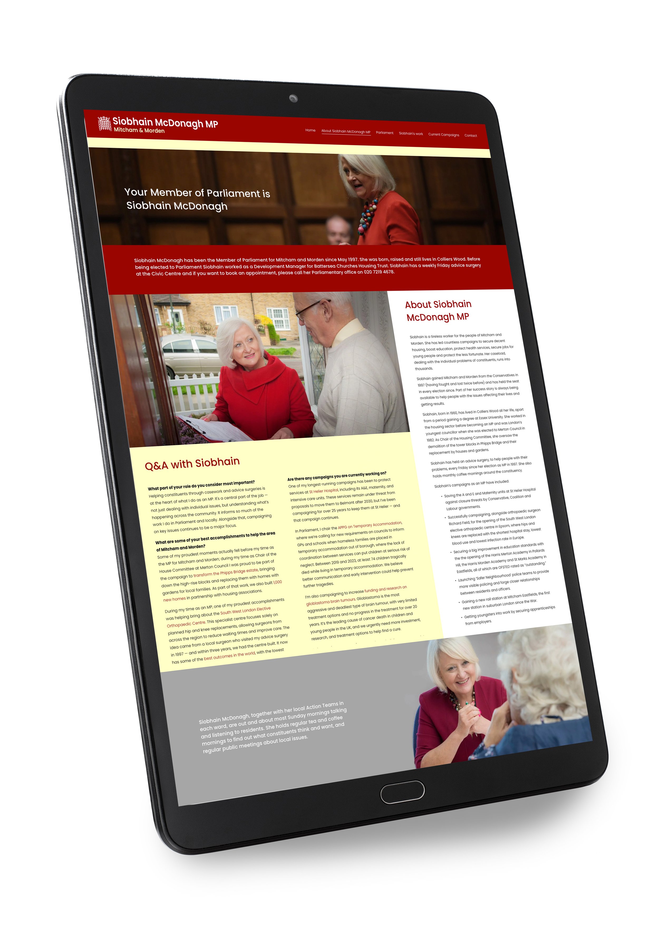 A tablet displaying a website about Siobhain McDonagh MP, featuring images of her and text about her background and campaign work.