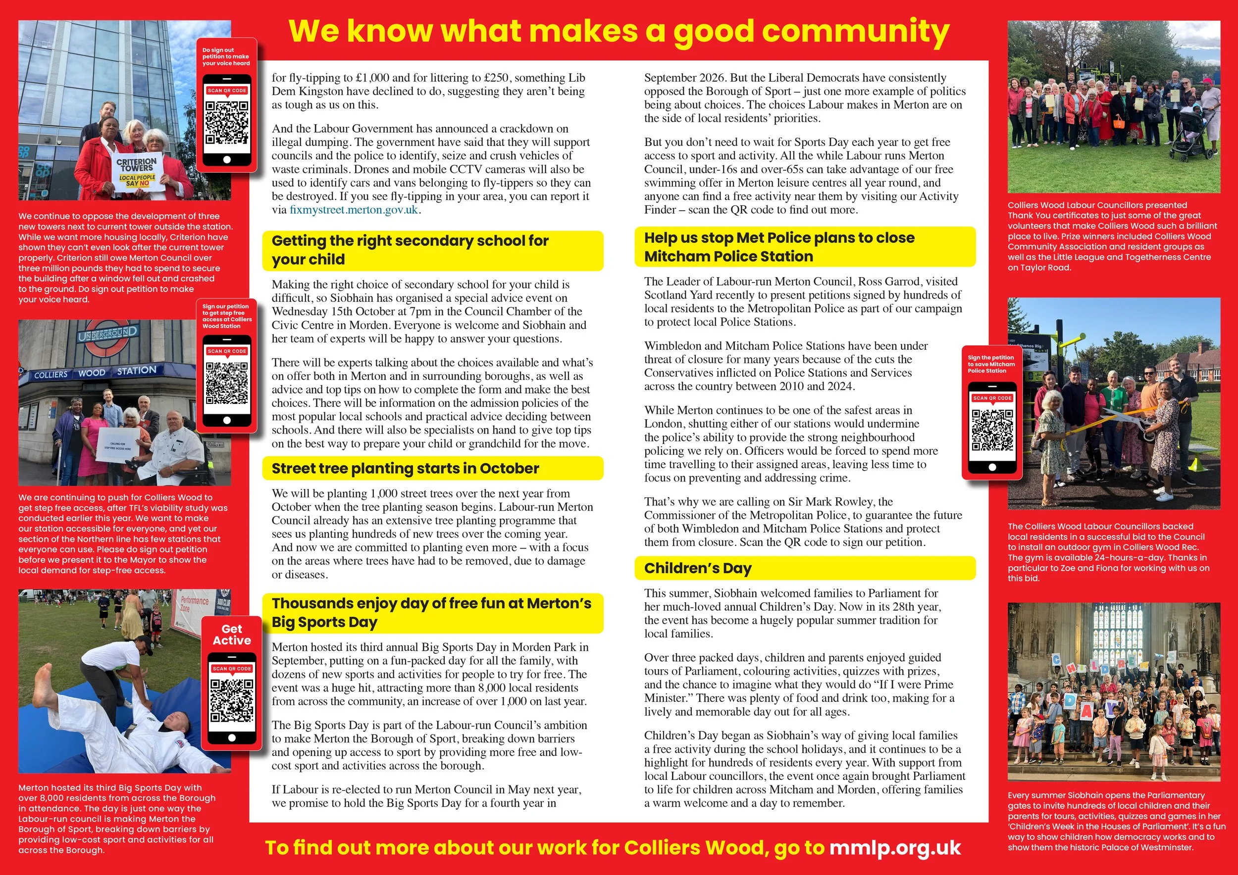 A community newsletter with various sections and photos. The main heading is 'We know what makes a good community'. It includes images of people protesting, children, and community events, with highlighted headlines about local issues, children's act