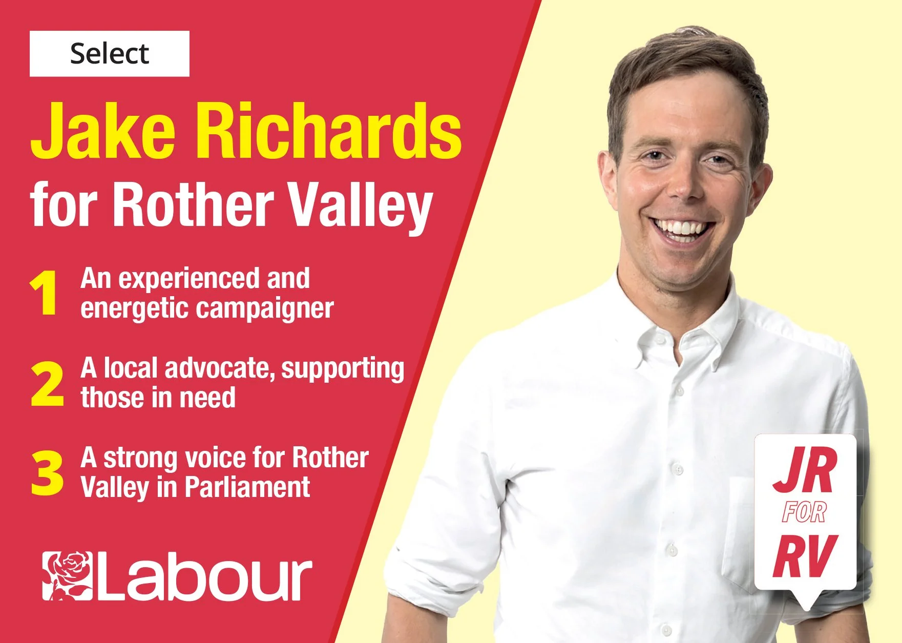 A political campaign poster featuring Jake Richards, a man with short brown hair, smiling and wearing a white dress shirt. The poster shows his name in large yellow letters with a red background and lists three campaign points: 1) Experienced and ene