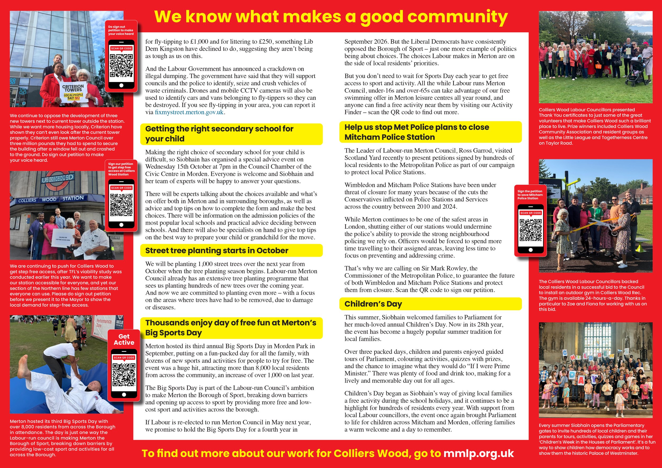 A community newsletter page with multiple photos of local events, including groups of people holding certificates, children playing sports, and community gatherings. Headlines highlight local issues and upcoming activities like children's day and spo