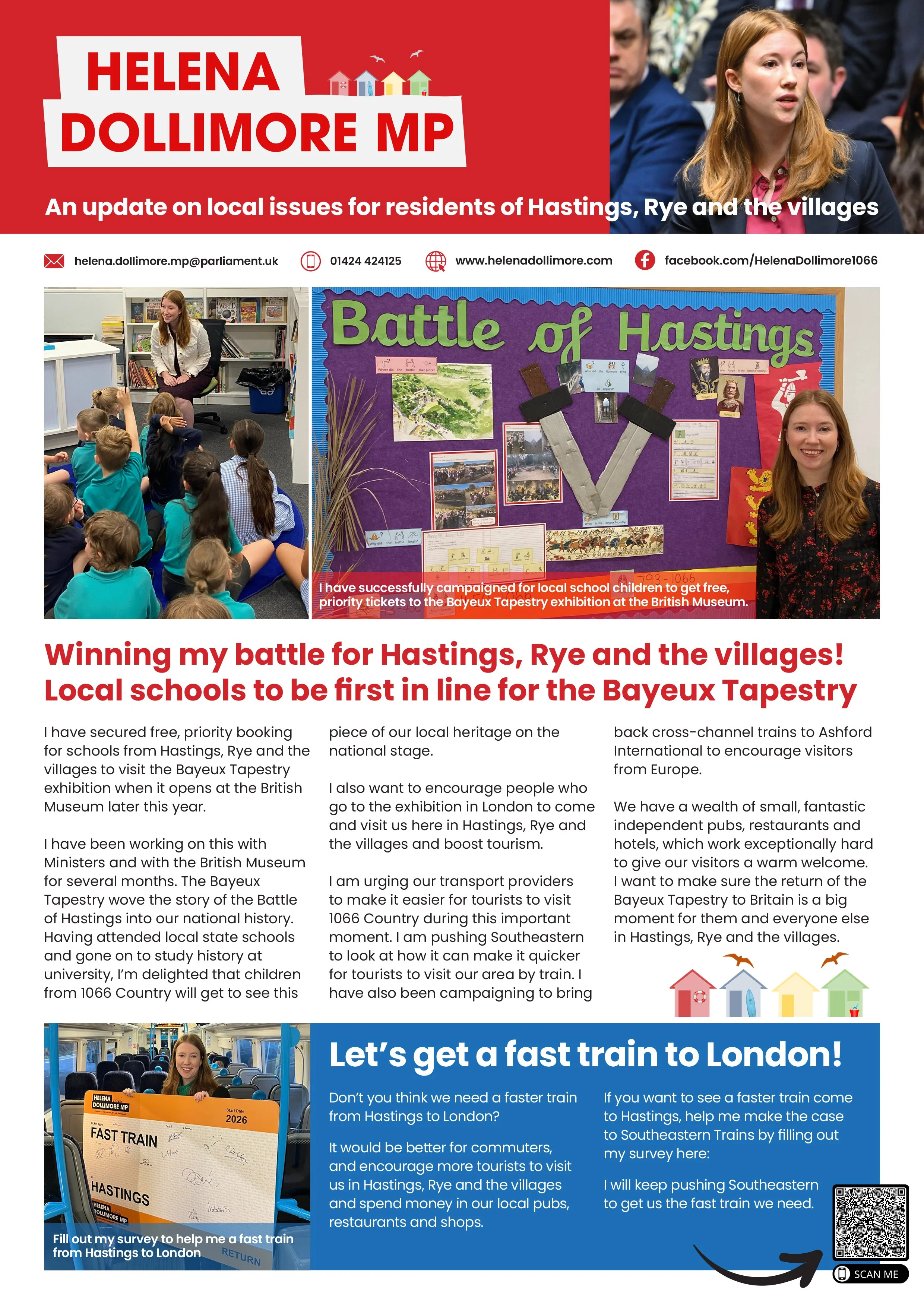 A campaign flyer featuring Helena Dollimore MP. The top section shows her speaking at a public event with an audience. There is a red banner with her name and title, and contact information below. The middle section depicts her engaging with children