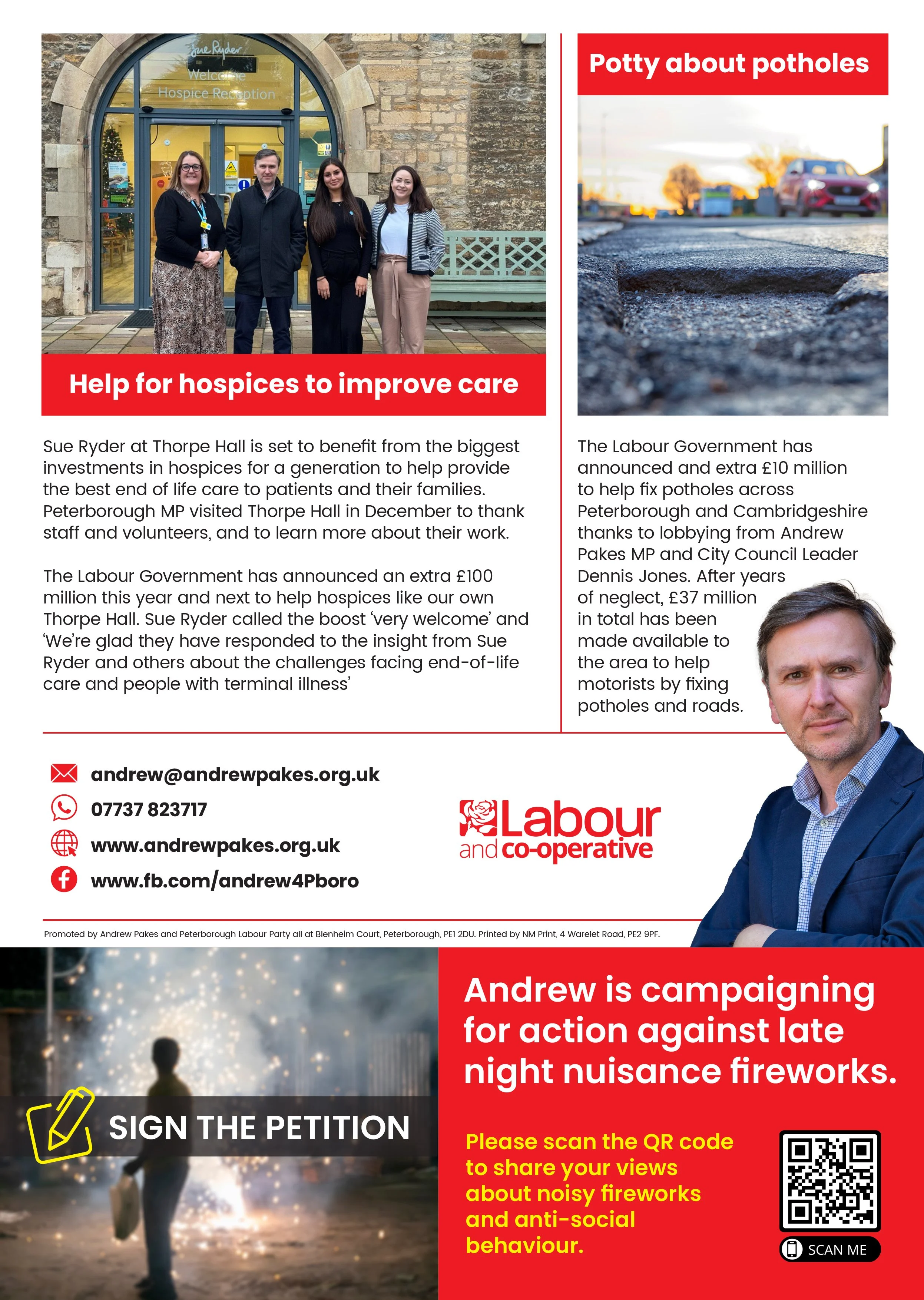 A flyer with two sections. The left side shows a photo of four people standing outside a building labeled 'Sue Ryder' in front of a sign that reads 'Help for hospices to improve care.' The right side has a picture of potholes on a road with a car and