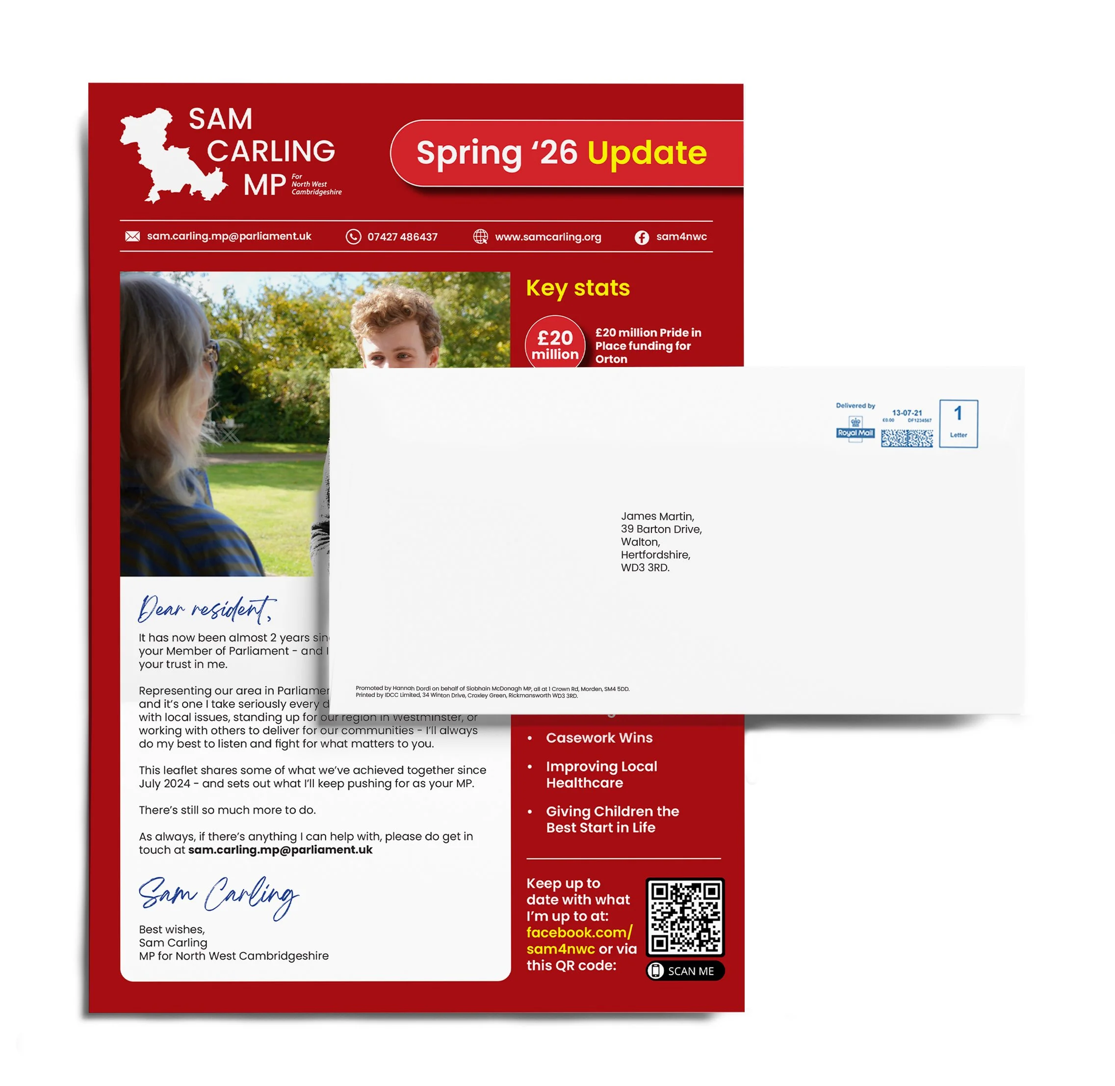 A political campaign flyer for Sam Carling, MP for North West Cambridgeshire, with a red background and white text. It includes contact information, key stats about funding, and a section on achievements, with a photograph of a young man outdoors and a handwritten signature at the bottom.