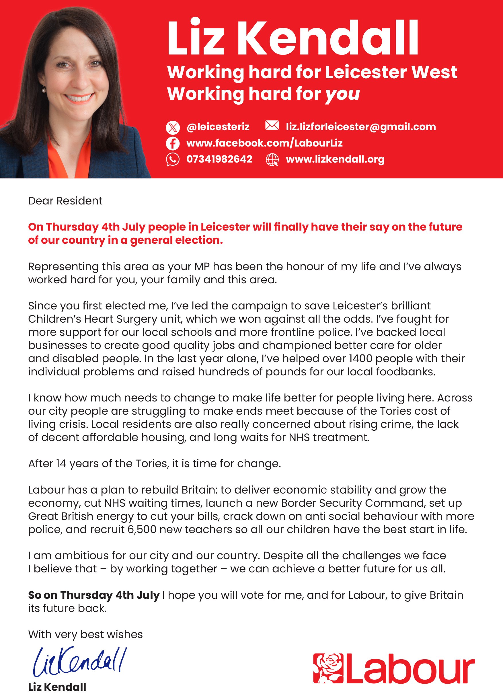 A political campaign flyer featuring Liz Kendall, a female candidate, smiling with shoulder-length dark hair, wearing a dark blazer and orange blouse, on a red background. The flyer includes her name, contact information, and campaign message advocat