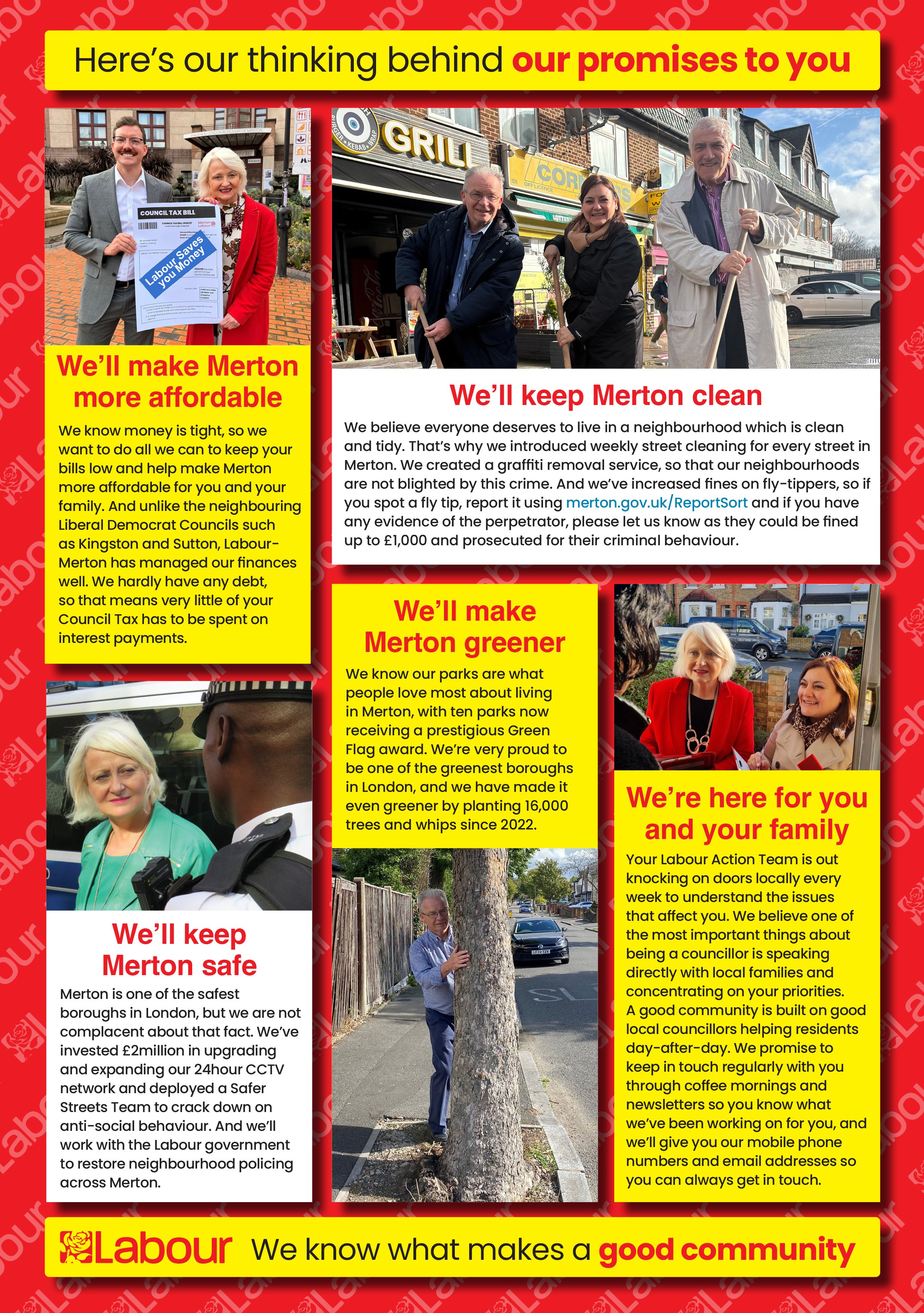 A colorful political campaign poster featuring various images of people in Merton, London, participating in community activities like cleaning streets, talking with neighbors, and listening to residents. The poster highlights Labour's promises to kee