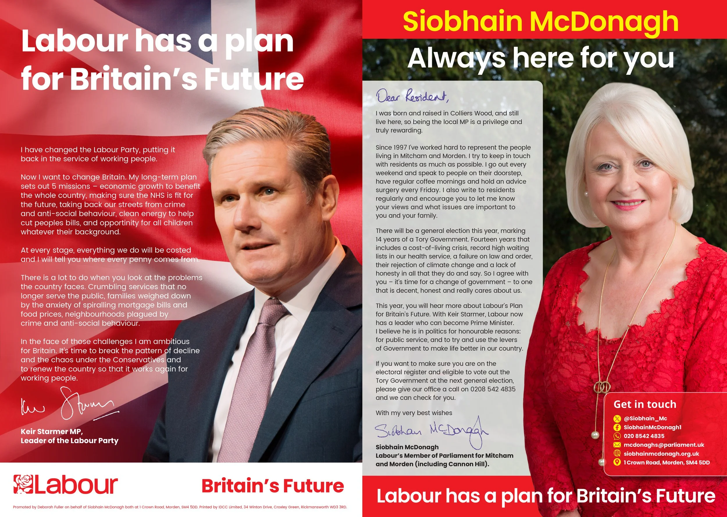 A political campaign flyer featuring Siobhain McDonagh, a Labour Party Member of Parliament, with her photograph on the right, dressed in a red lace dress with a pearl necklace, and Keir Starmer, the Labour leader, on the left. The flyer contains tex