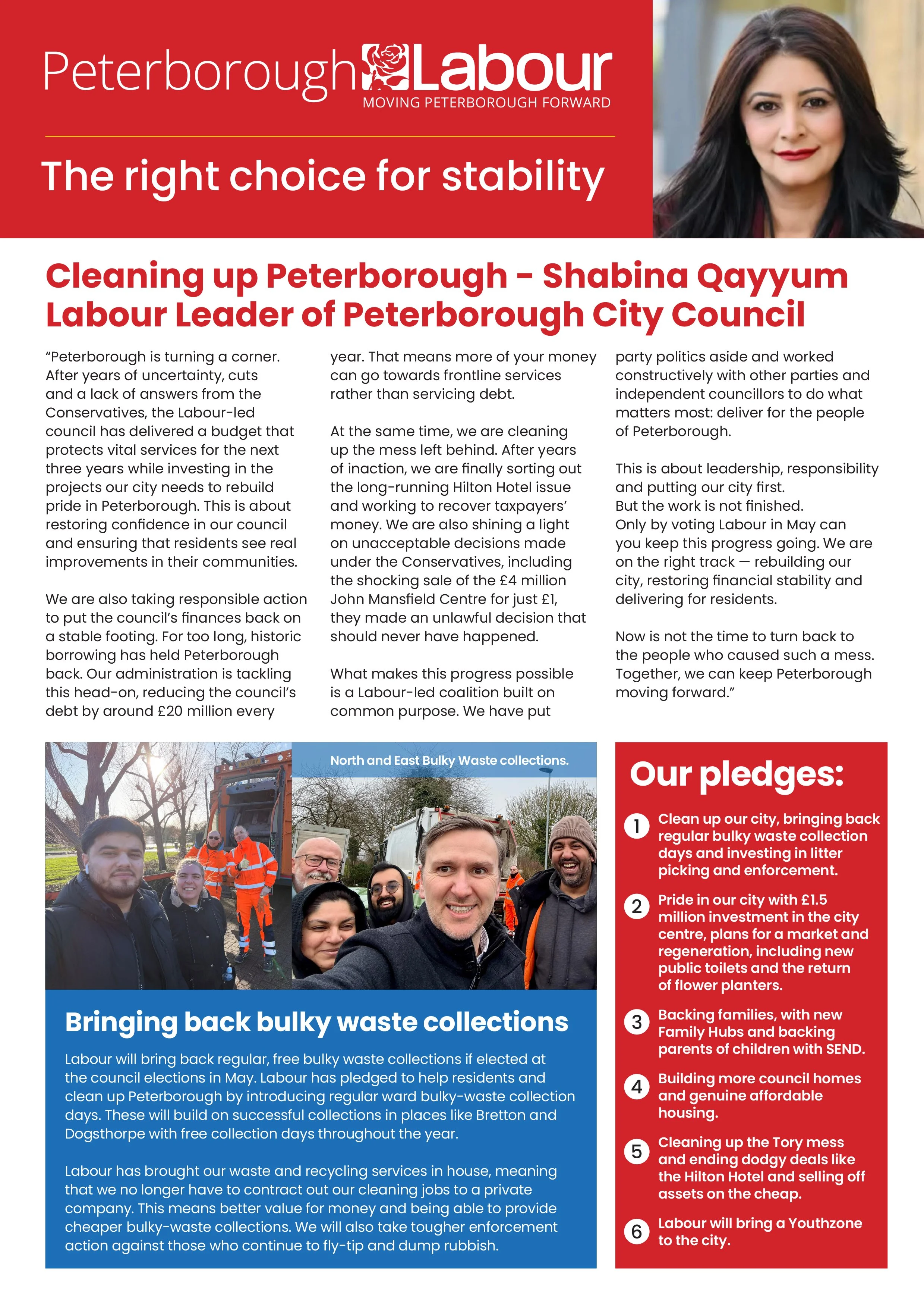 A political campaign flyer for Peterborough Labour, featuring a photo of a woman with dark hair on the right, and images of volunteers in orange safety vests. The flyer discusses local initiatives including waste collection, community investment, and