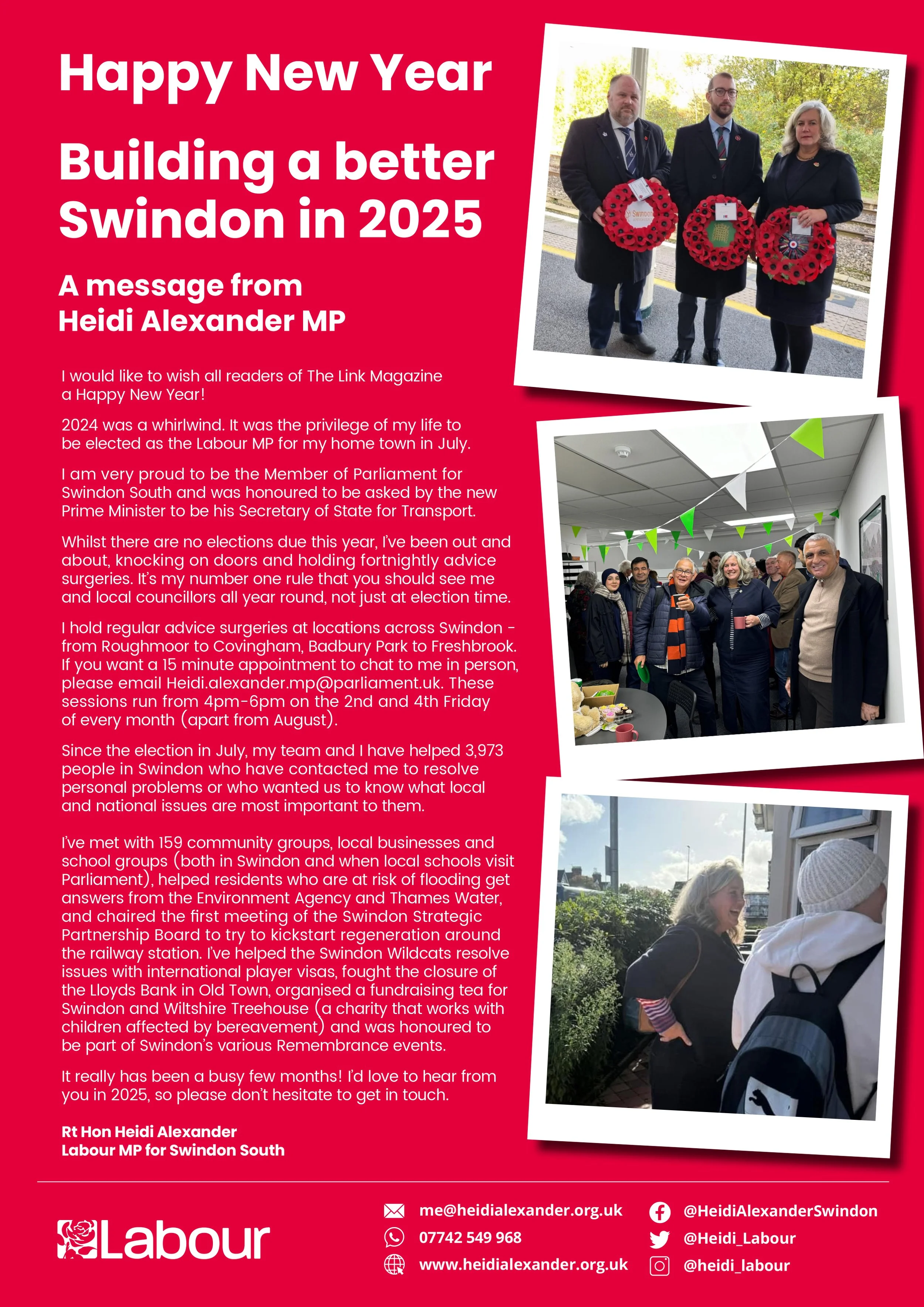 A political newsletter or campaign flyer with a red background, featuring text from Heidi Alexander MP’s message for the New Year 2025, accompanied by three photographs of Heidi Alexander and others attending events and engaging with community member