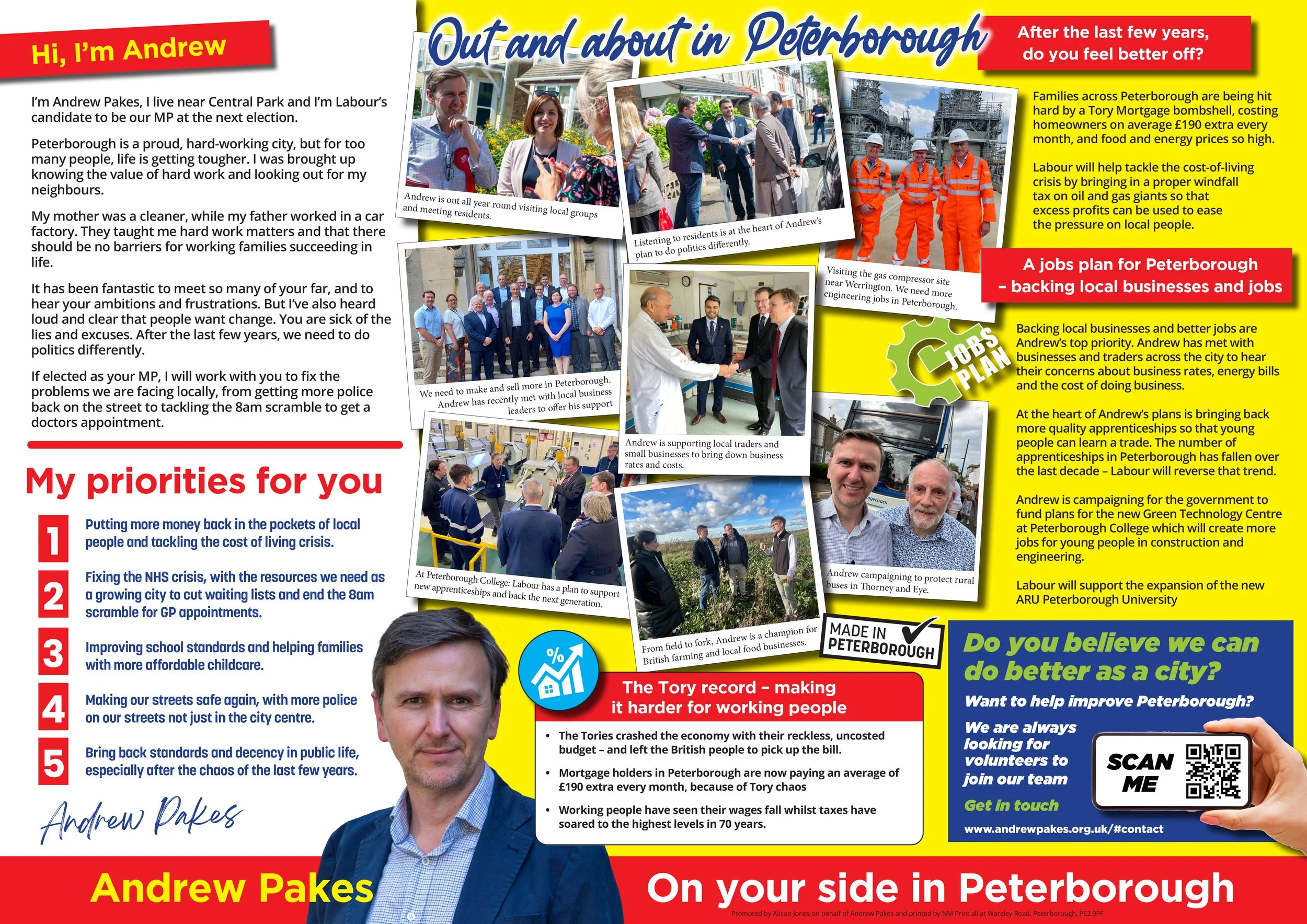 Composite political campaign flyer featuring Andrew Pakes, a candidate for MP in Peterborough. Contains pictures of Andrew interacting with residents, workers at a gas compressor site, and local businesses. Text discusses local issues such as cost of