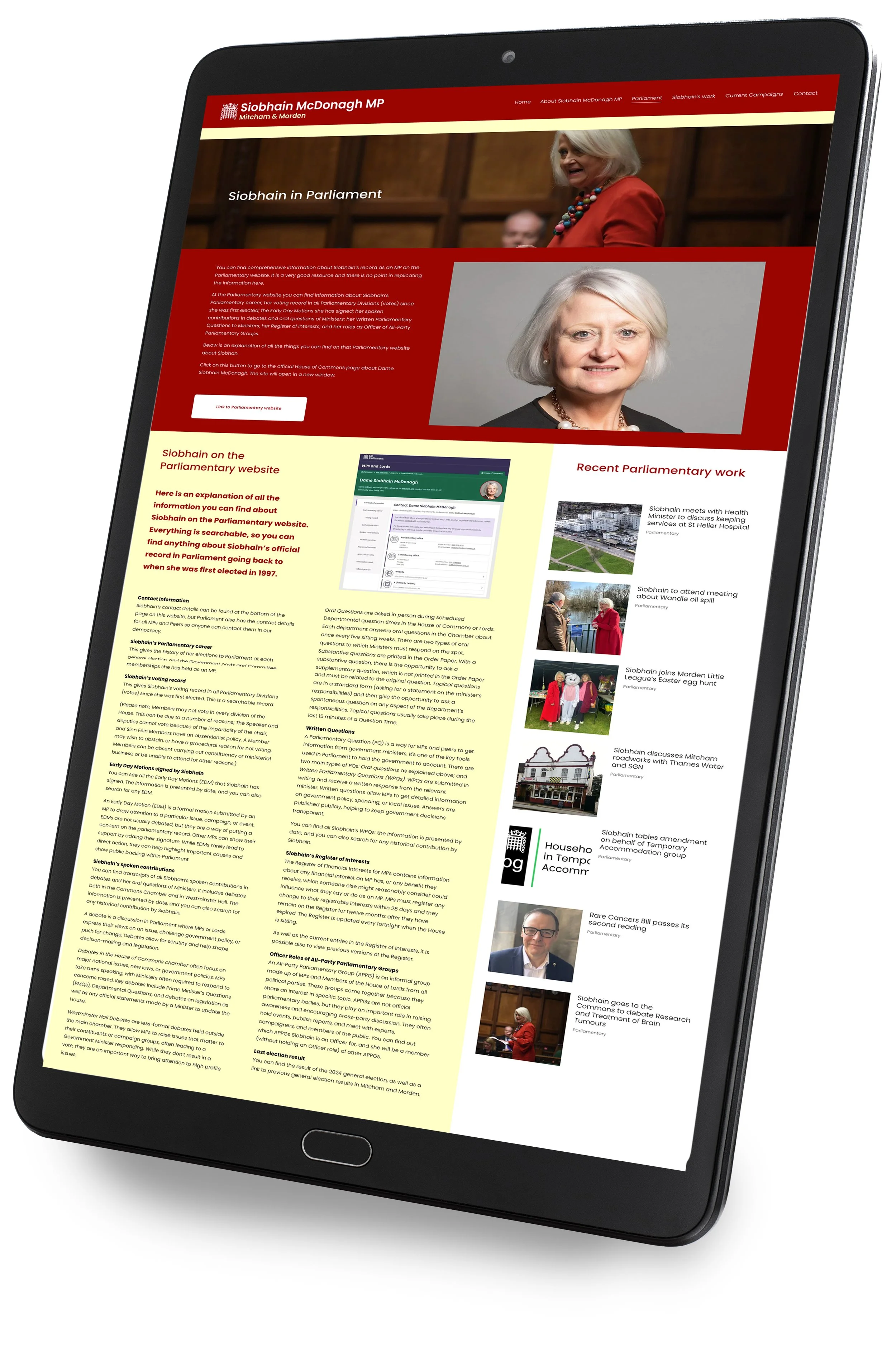Smartphone displaying a webpage with images and text about Siobhain McDonagh MP, including a photo of her smiling and a picture of her speaking in Parliament.