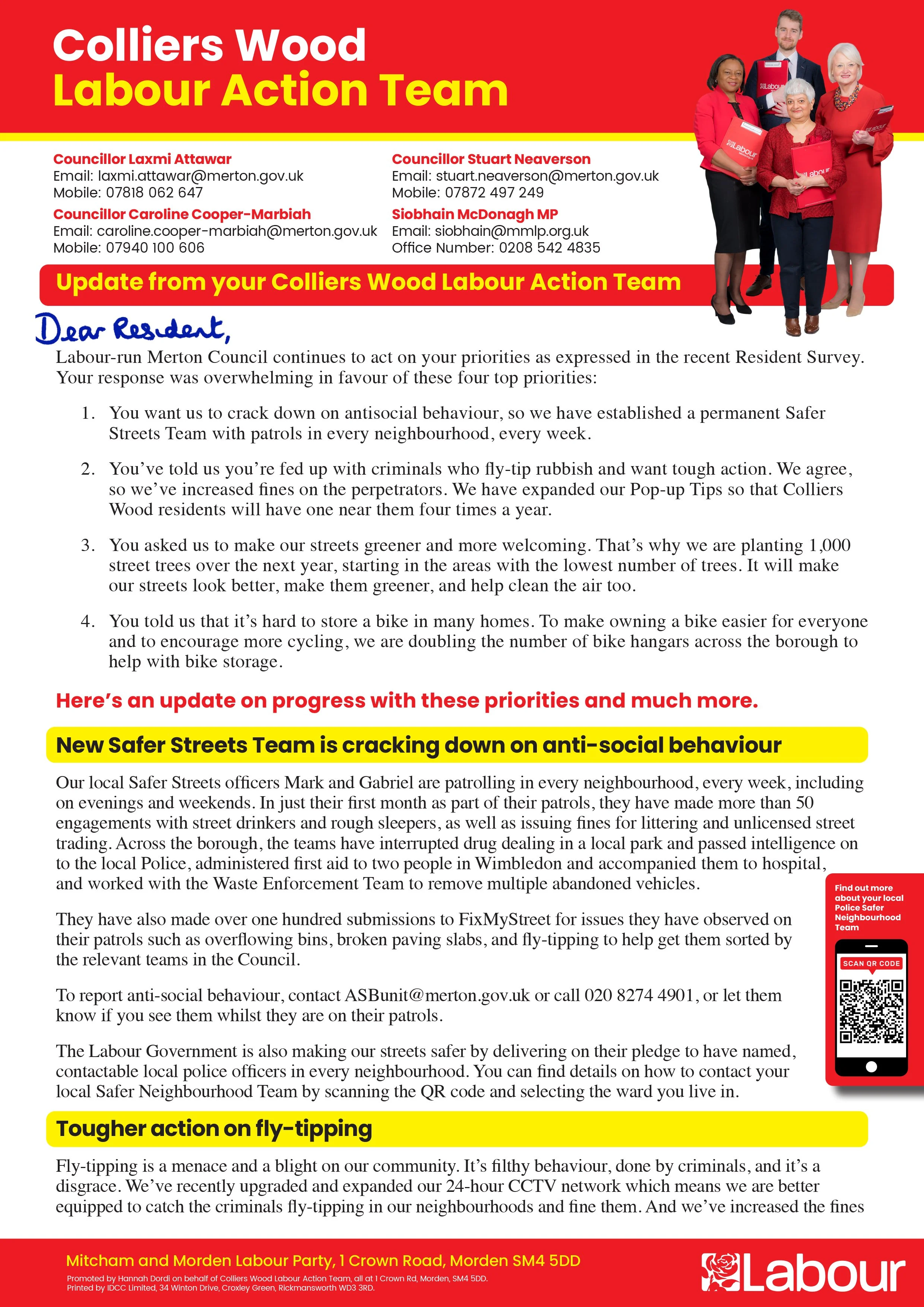 A political newsletter from Colliers Wood Labour Action Team featuring photos of four women and one man holding campaign materials, with text updates on community safety and anti-social behavior, including contact information, QR code, and Labour par