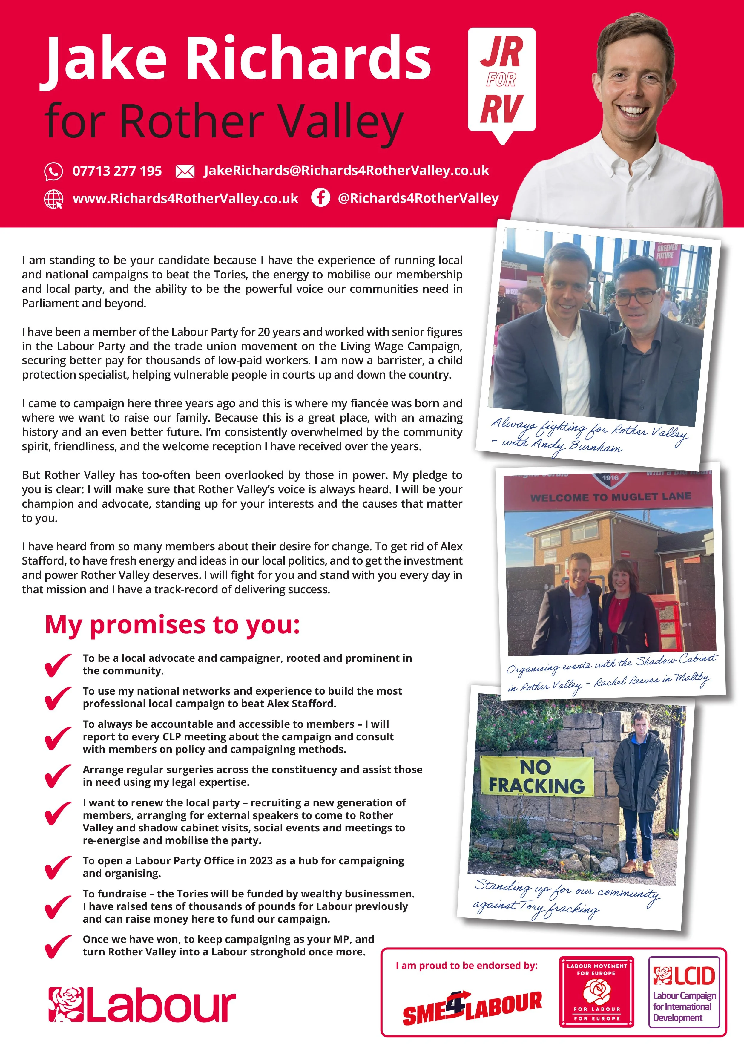 Political campaign flyer for Jake Richards in Rother Valley, featuring his photo, contact info, and campaign promises. Includes images of supporters and protest signs, with endorsements from Labour and other organizations.