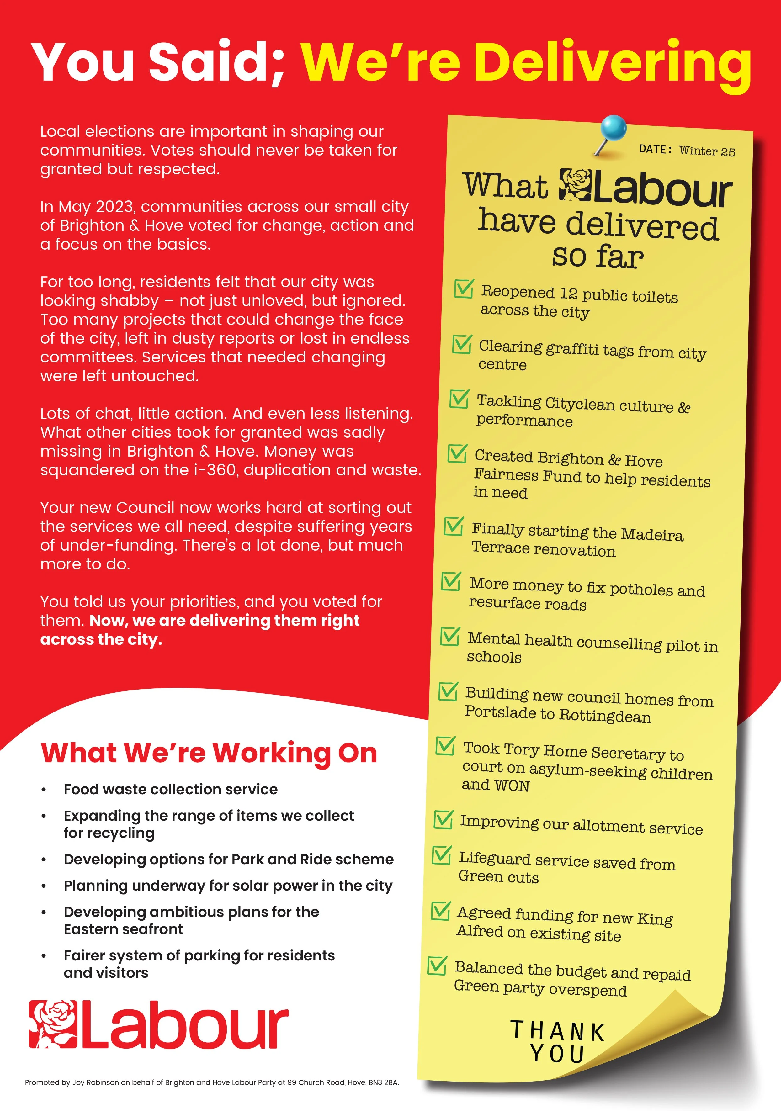 A red poster with yellow and black text, featuring the Labour Party logo at the bottom left. It discusses local elections, community improvements, and the Labour Party's recent accomplishments including the reopening of public toilets, graffiti remov