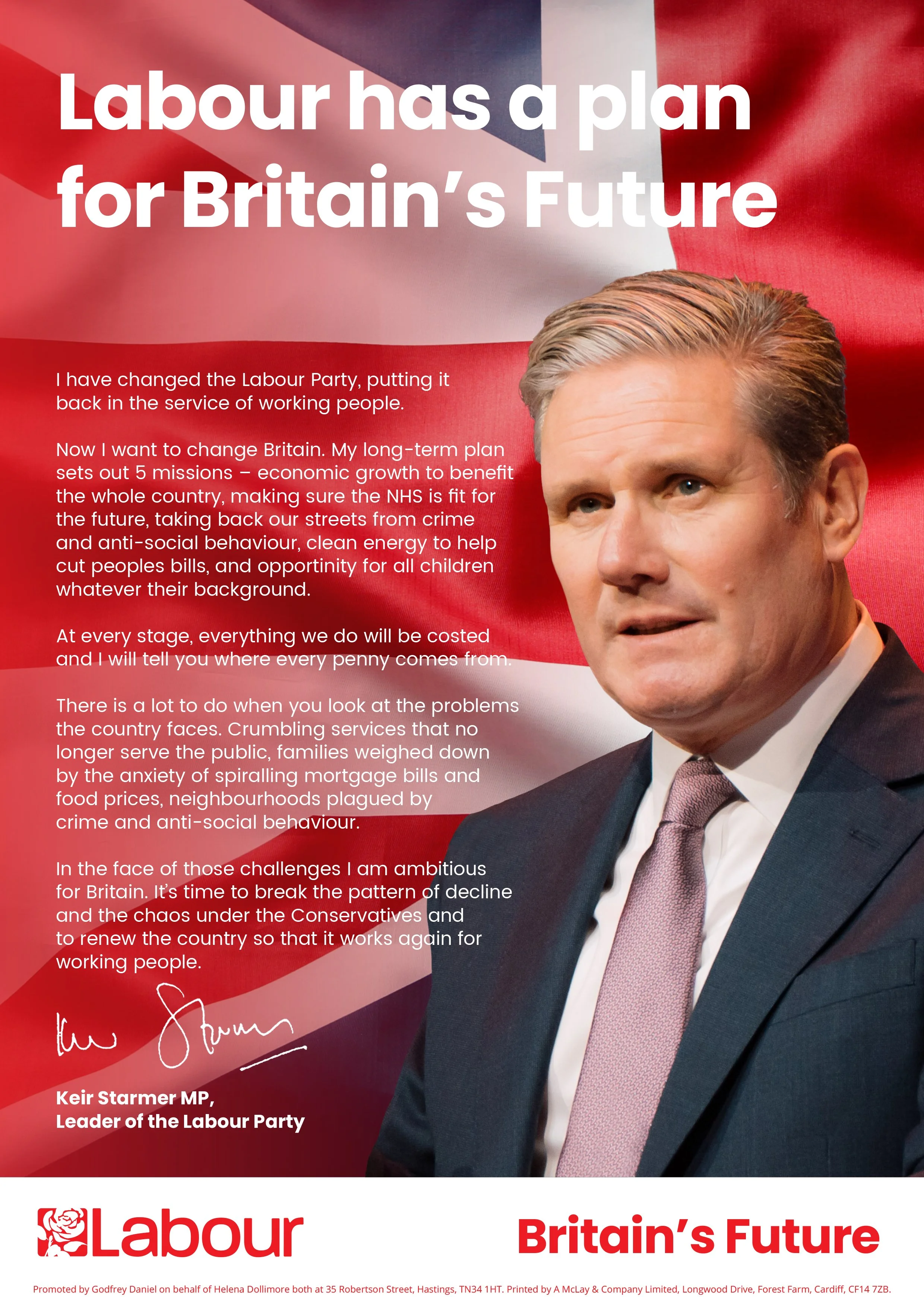 A political campaign poster featuring a man in a suit, with the British flag in the background. The poster contains a quote from the man and his signature, along with text promoting the Labour Party and Britain’s future.