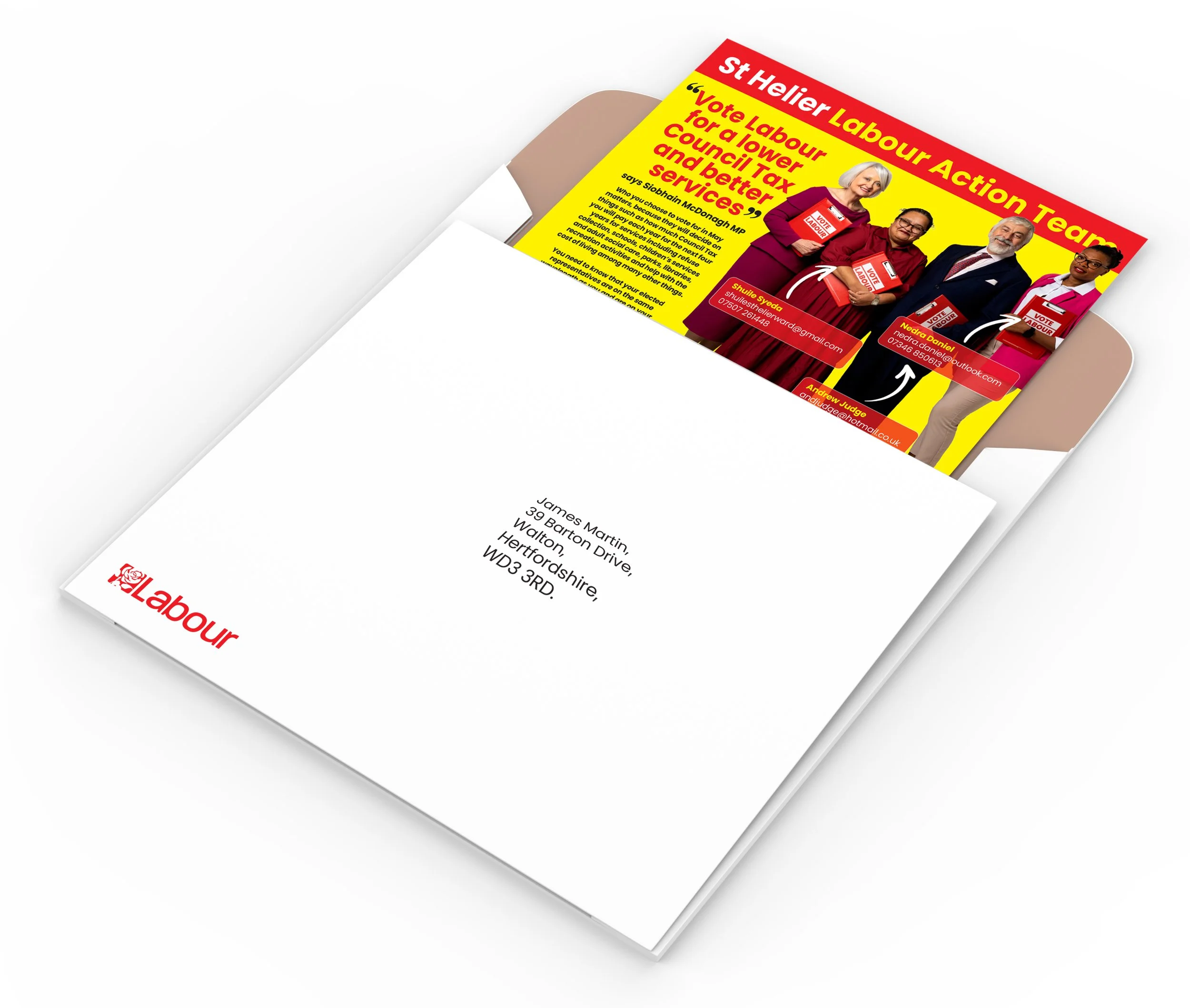 Flyer promoting Labour Action Team with images of people holding voting boxes, providing contact information for campaign volunteers.