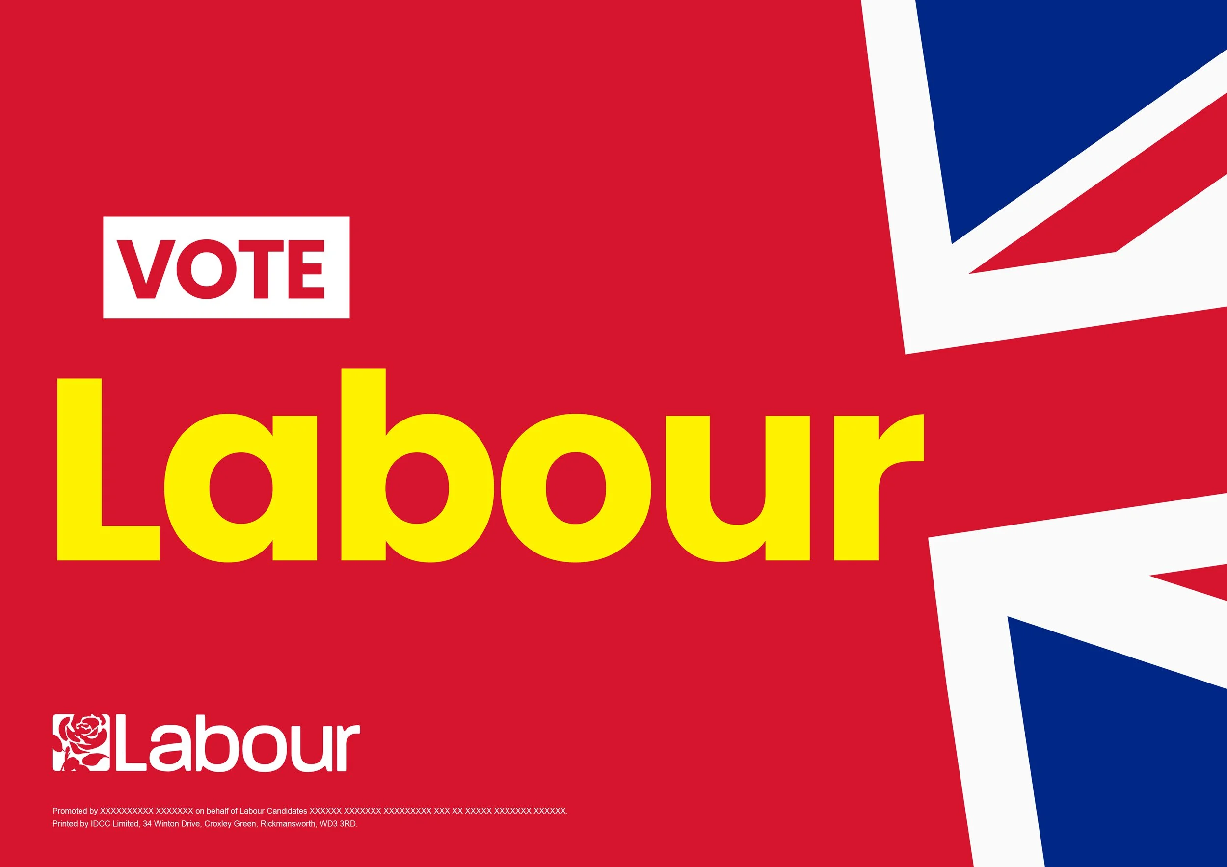 Red political campaign flyer with the words "VOTE Labour" in large yellow letters, featuring the Labour Party logo of a red rose, and a background with red, white, and blue design elements.