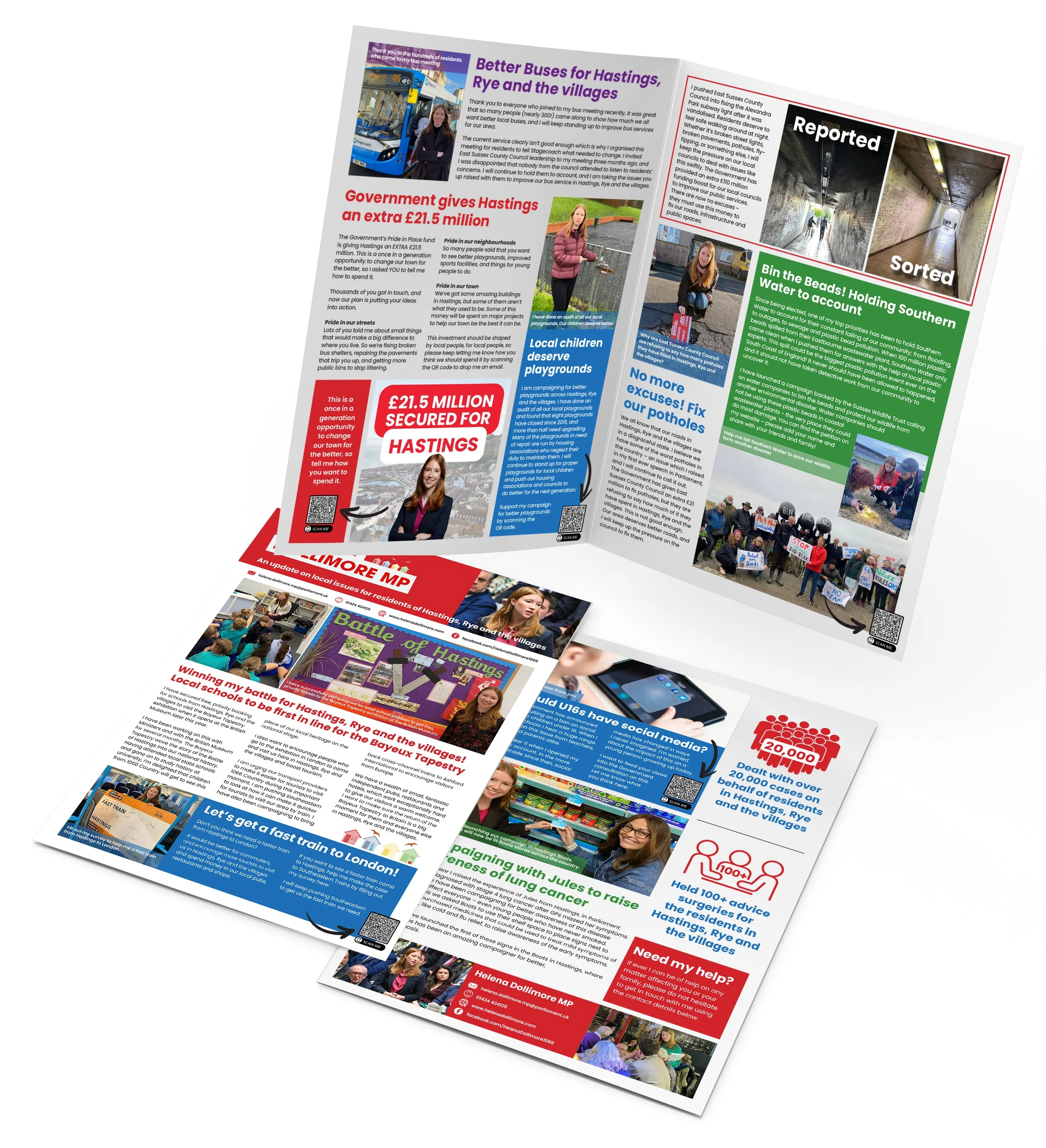 A newsletter featuring community issues and achievements including bus service improvements, government funding, local playgrounds, and environmental campaigns, with photos of buses, tunnels, children, and protests.