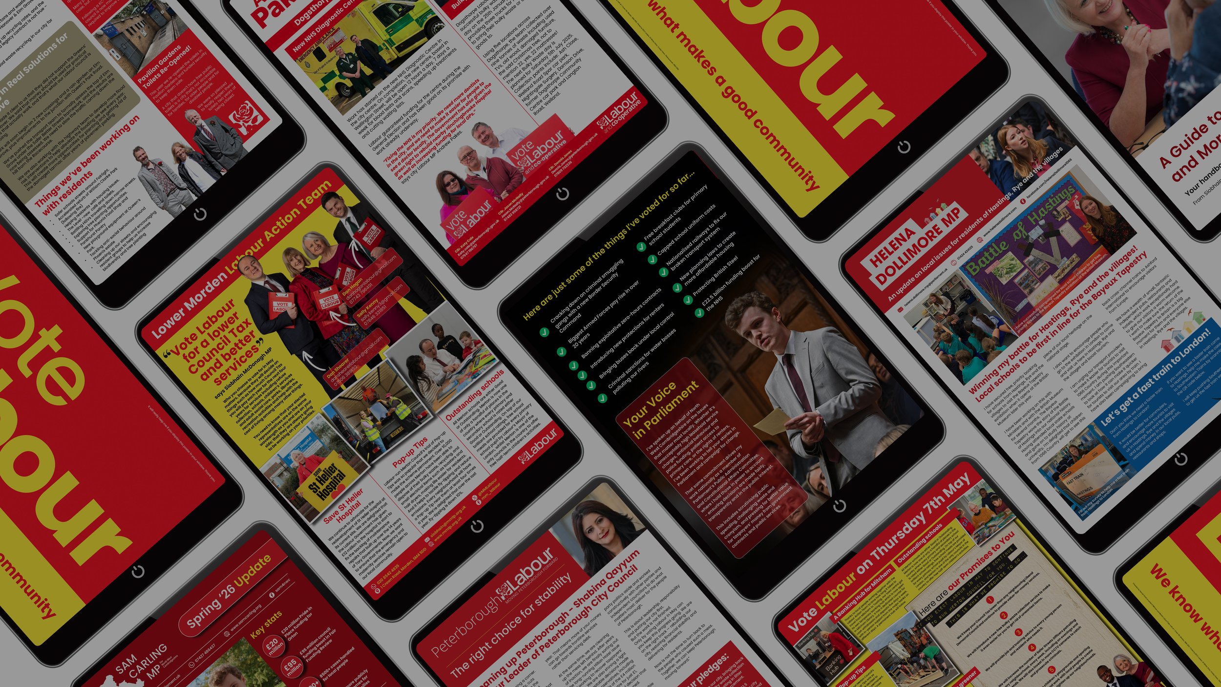 Multiple smartphones displaying political campaign information for the Labour Party, including candidate profiles, voting information, and campaign slogans, with red, yellow, and black color schemes.