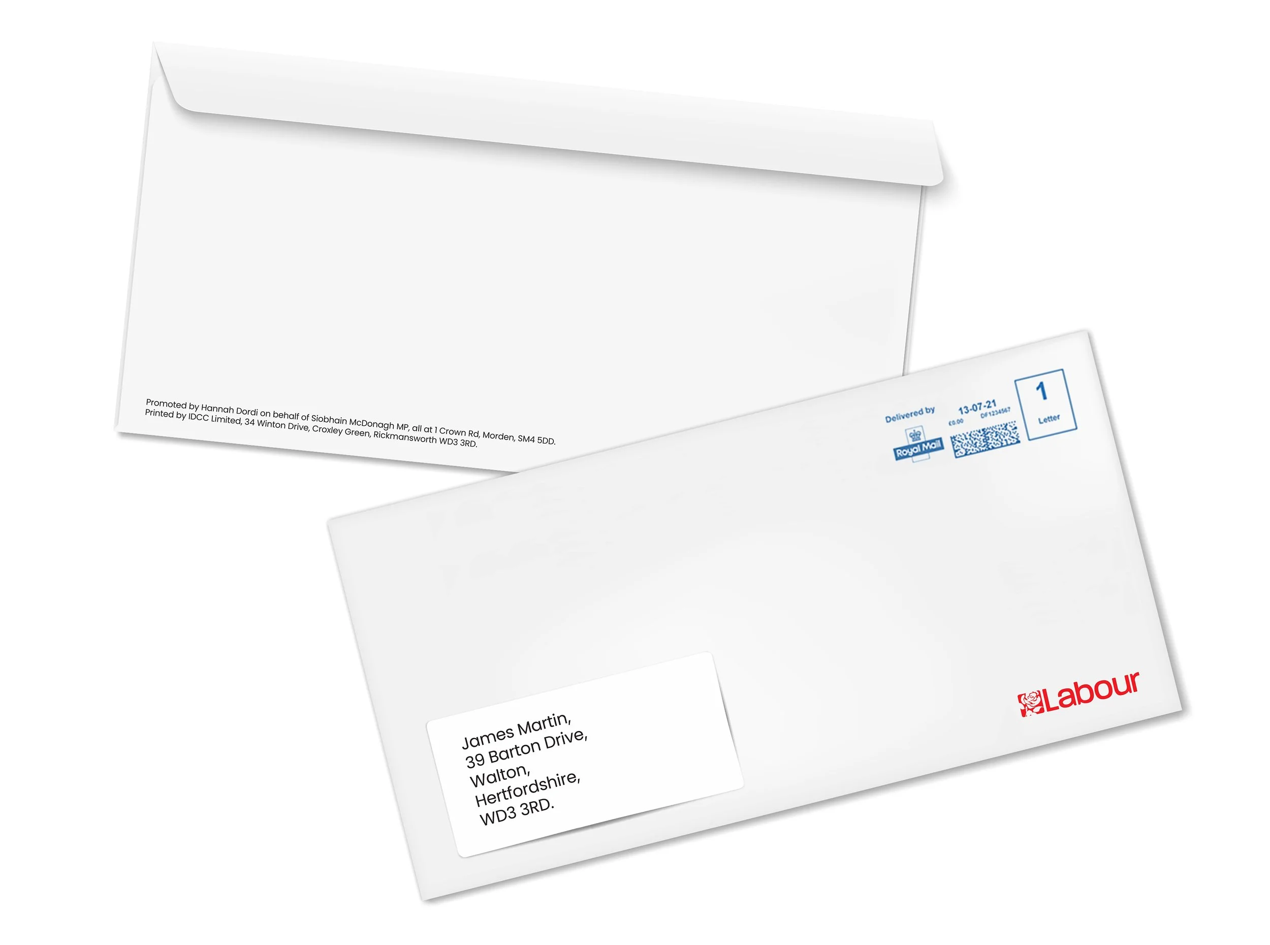 White envelopes with printed addresses and barcode labels, one with Labour logo, one partly visible with sender details.