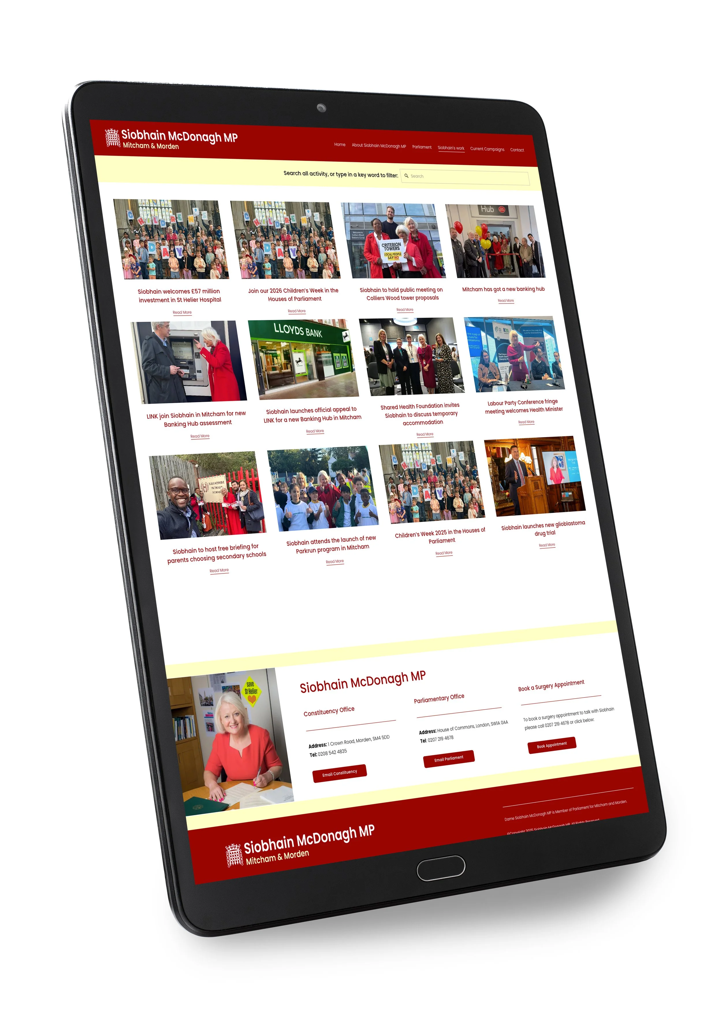 A tablet displaying a website for Siobhain McDonagh MP, featuring news articles, events, and contact information, with a red and white color theme.