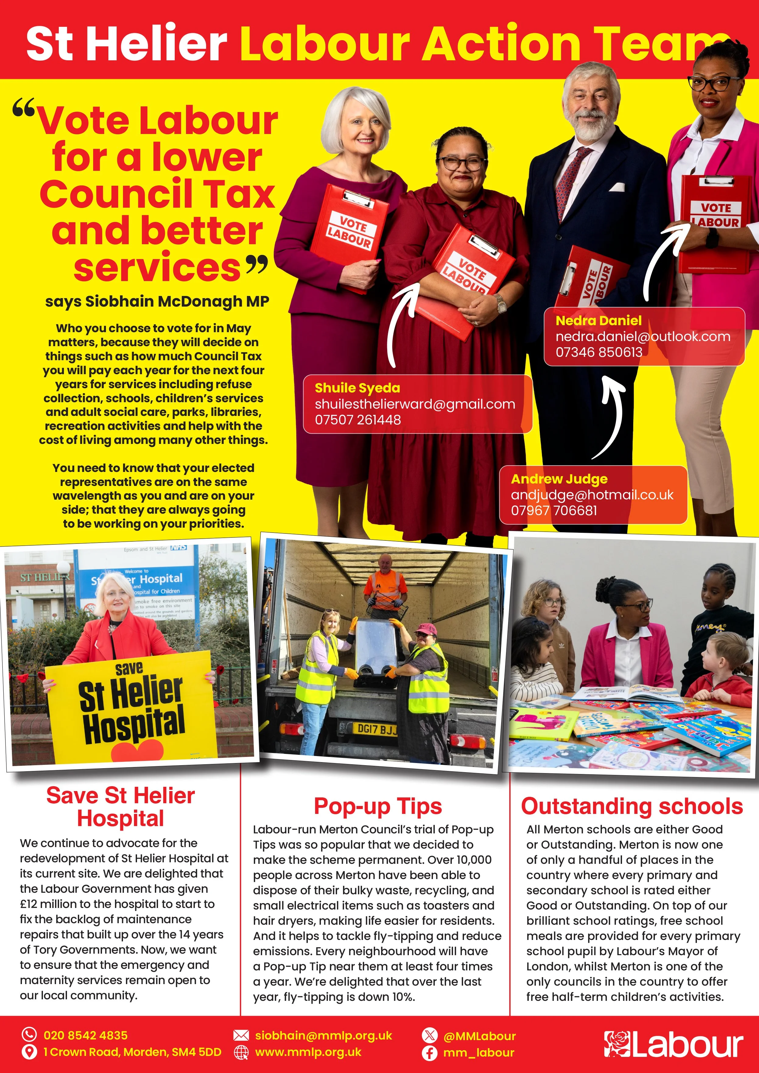 A colorful poster promoting the St Helier Labour Action Team, featuring photos of four diverse individuals holding red clipboards with 'VOTE LABOUR' written on them. The poster emphasizes voting Labour for lower council taxes and better services, wit