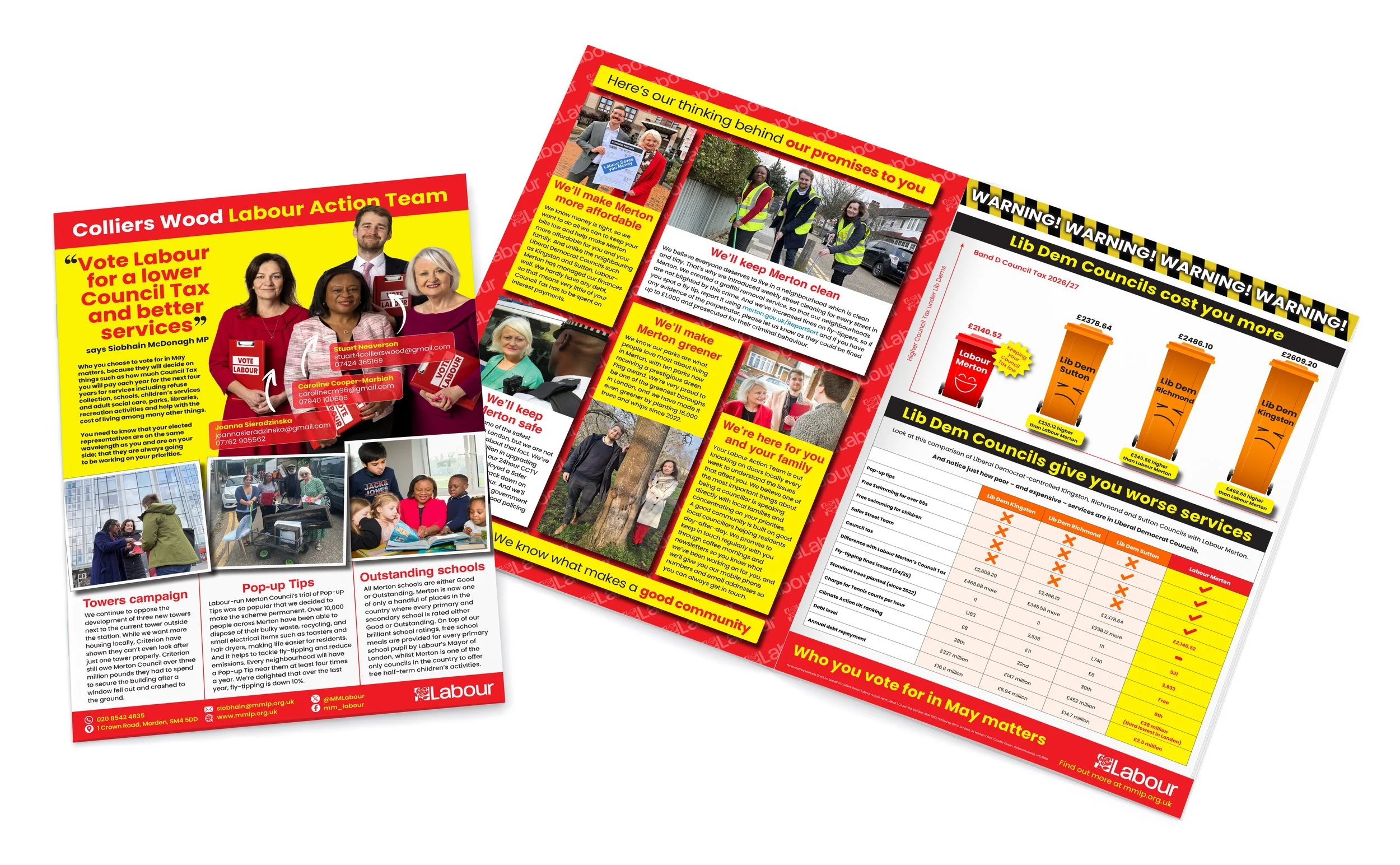 A set of political campaign flyers for a labor action team, featuring photos of diverse candidates, campaign slogans, and information about their initiatives and achievements.