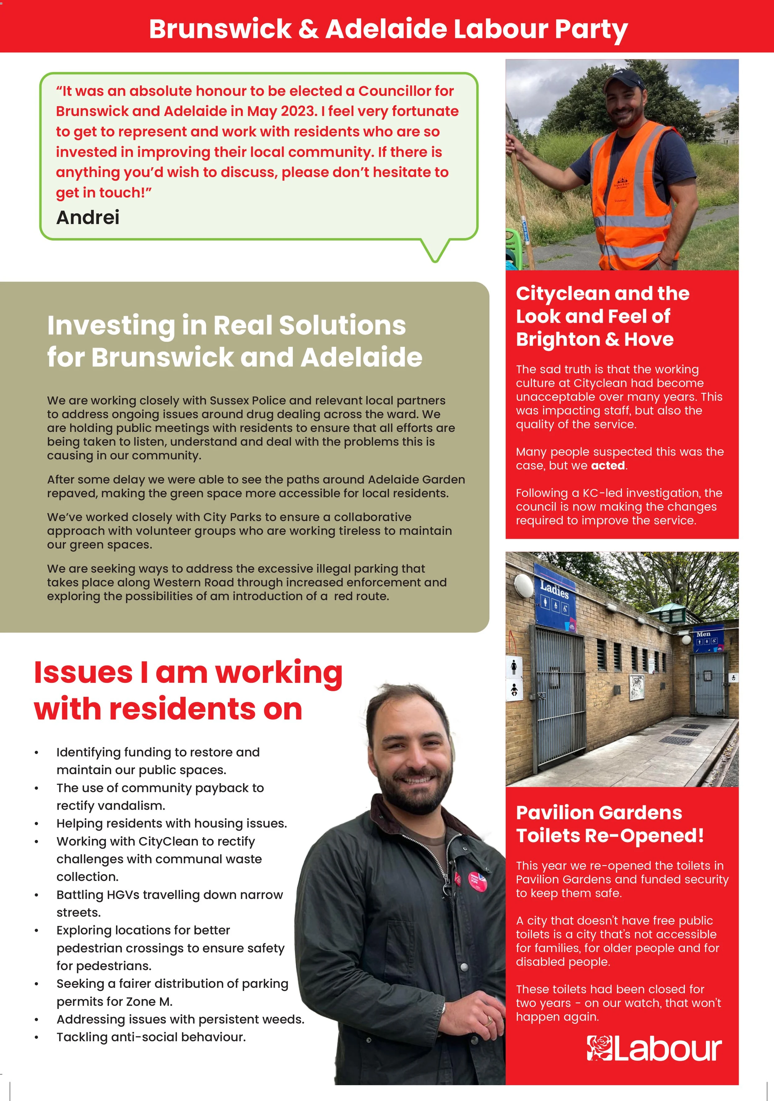 A flyer for the Brunswick & Adelaide Labour Party event, featuring a man in a black jacket, smiling, standing in front of a building with a restroom sign, and a photo of a man in a reflective orange vest holding a tool in a grassy area with trees beh
