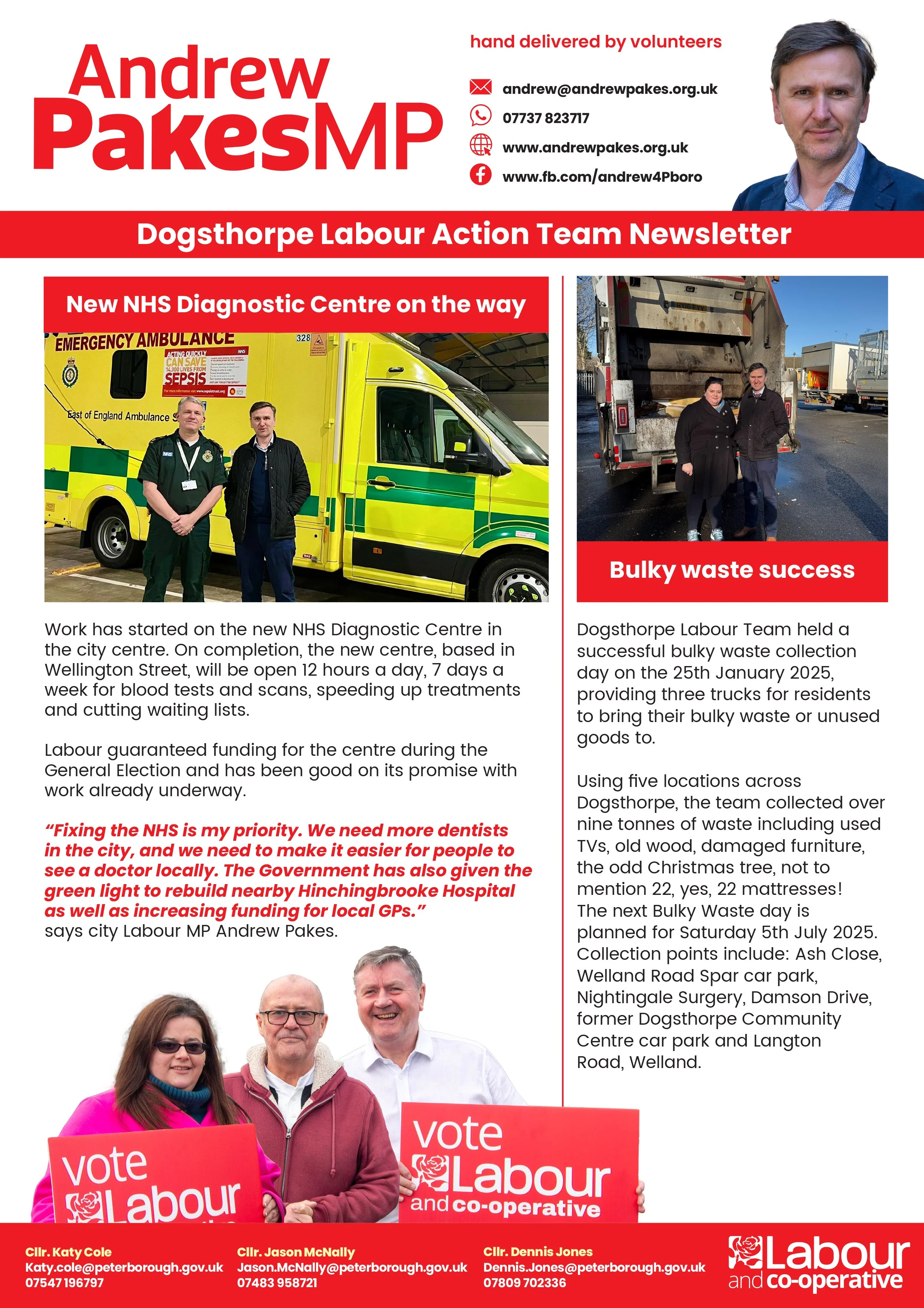 Political campaign flyer for Andrew Pakes MP, featuring his photo, contact information, and a newsletter about local projects including NHS Diagnostic Centre and bulky waste collection. The flyer has images of volunteers and local politicians with ca