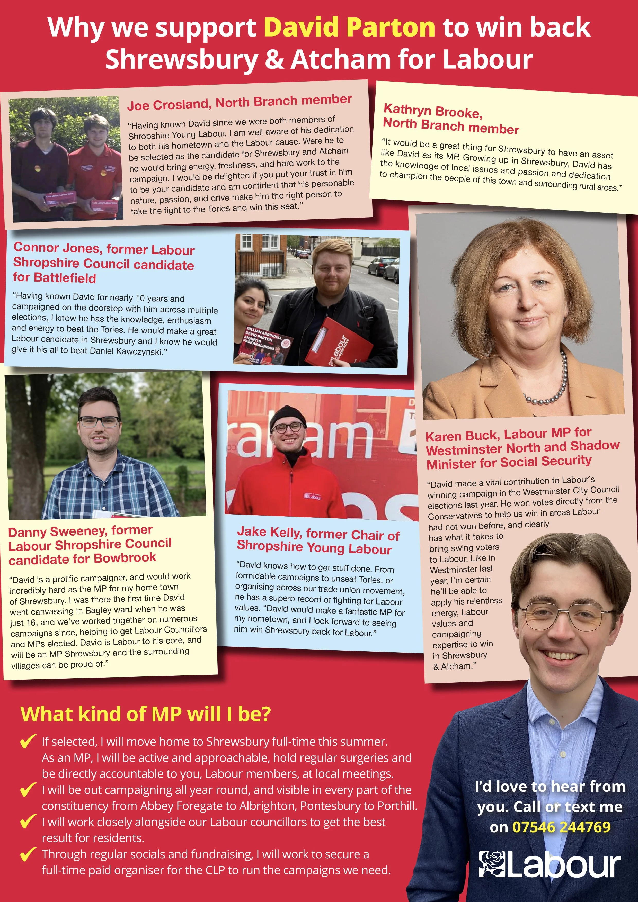Support poster for David Parton with photos and quotes from local Labour Party members, highlighting his qualities and campaign plans, including a call to contact him by phone.