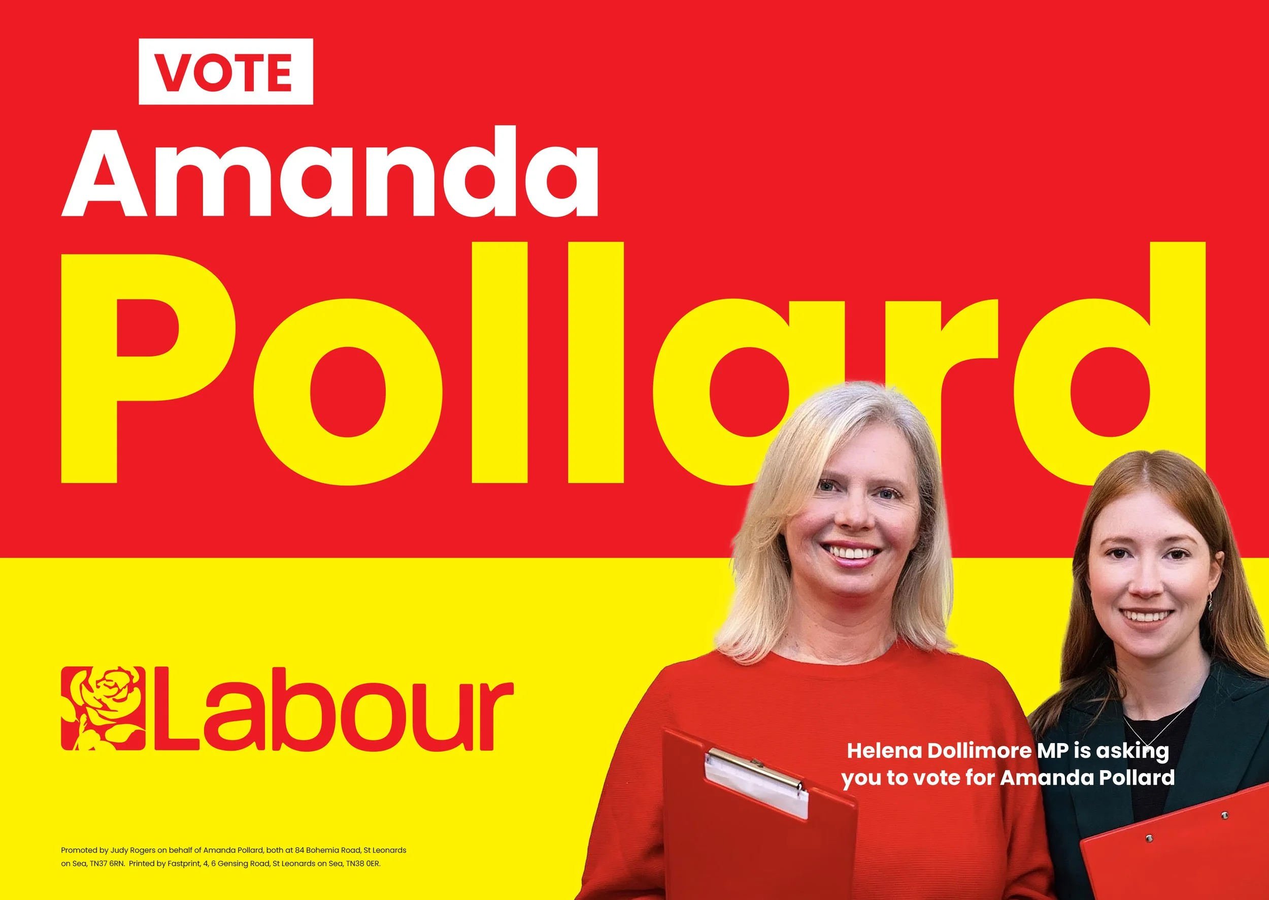 A campaign poster showing Helena Dollimore, promoting voting for Amanda Pollard, with text highlighting the vote and the Labour party, on a bright red and yellow background.