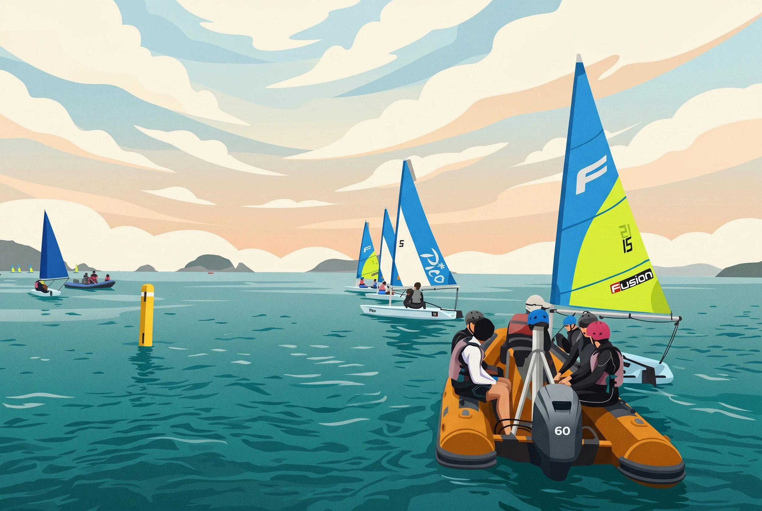 People in life jackets preparing for sailing activities on a calm body of water with sailboats, some equipped with colorful sails, under a sky with scattered clouds and a distant shoreline.