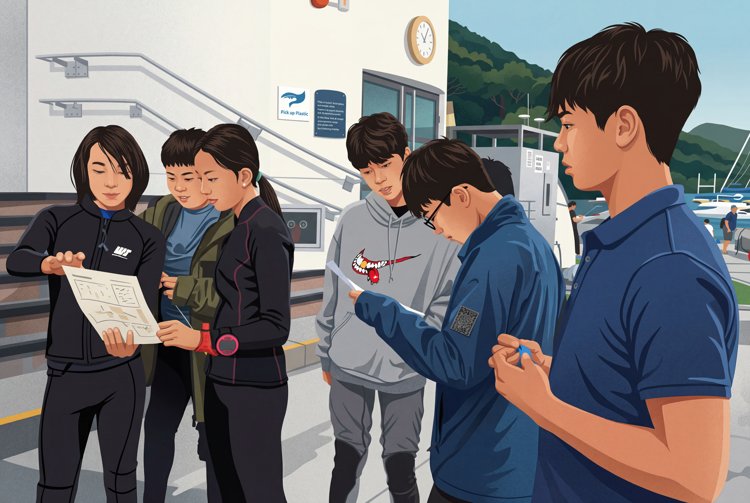 Group of young people waiting in line outside a building, looking at their phones or a paper, with a marina and boats in the background.