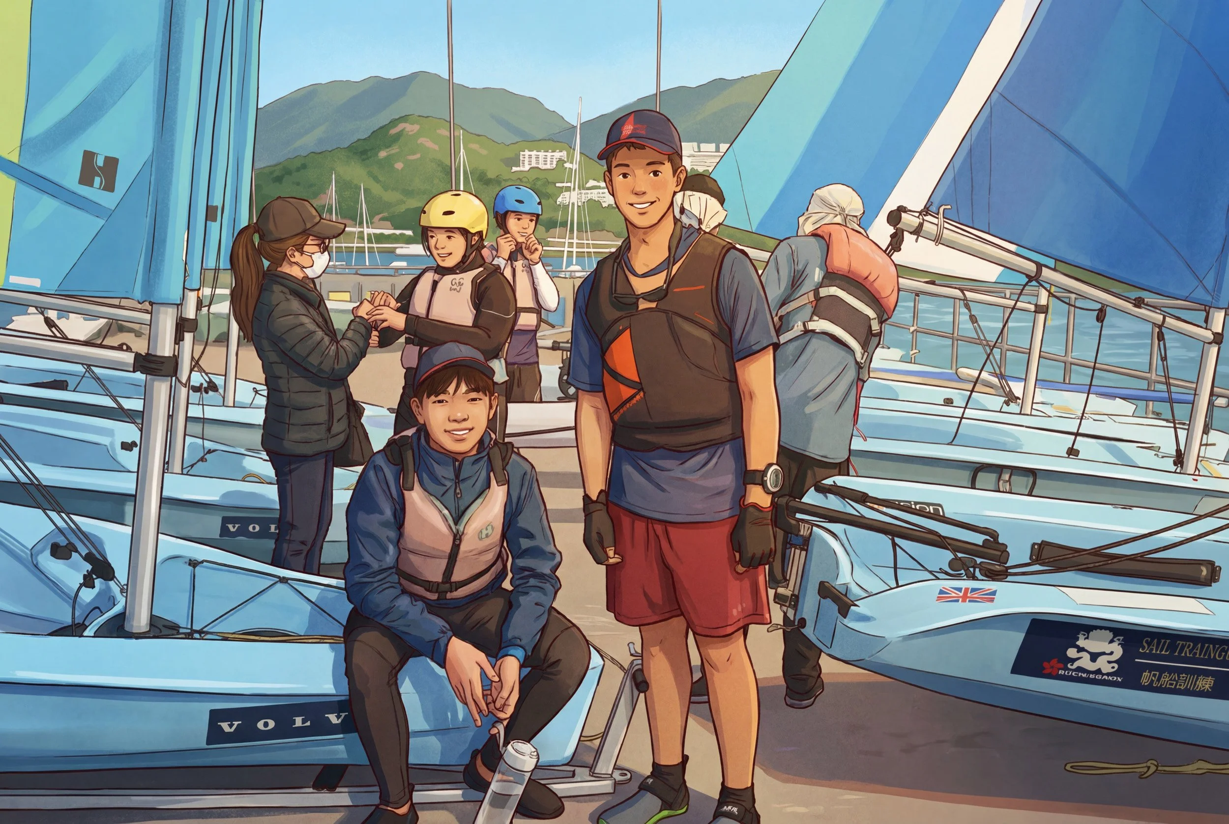 A group of young people preparing to go sailing at a marina, with sailboats and green hills in the background.