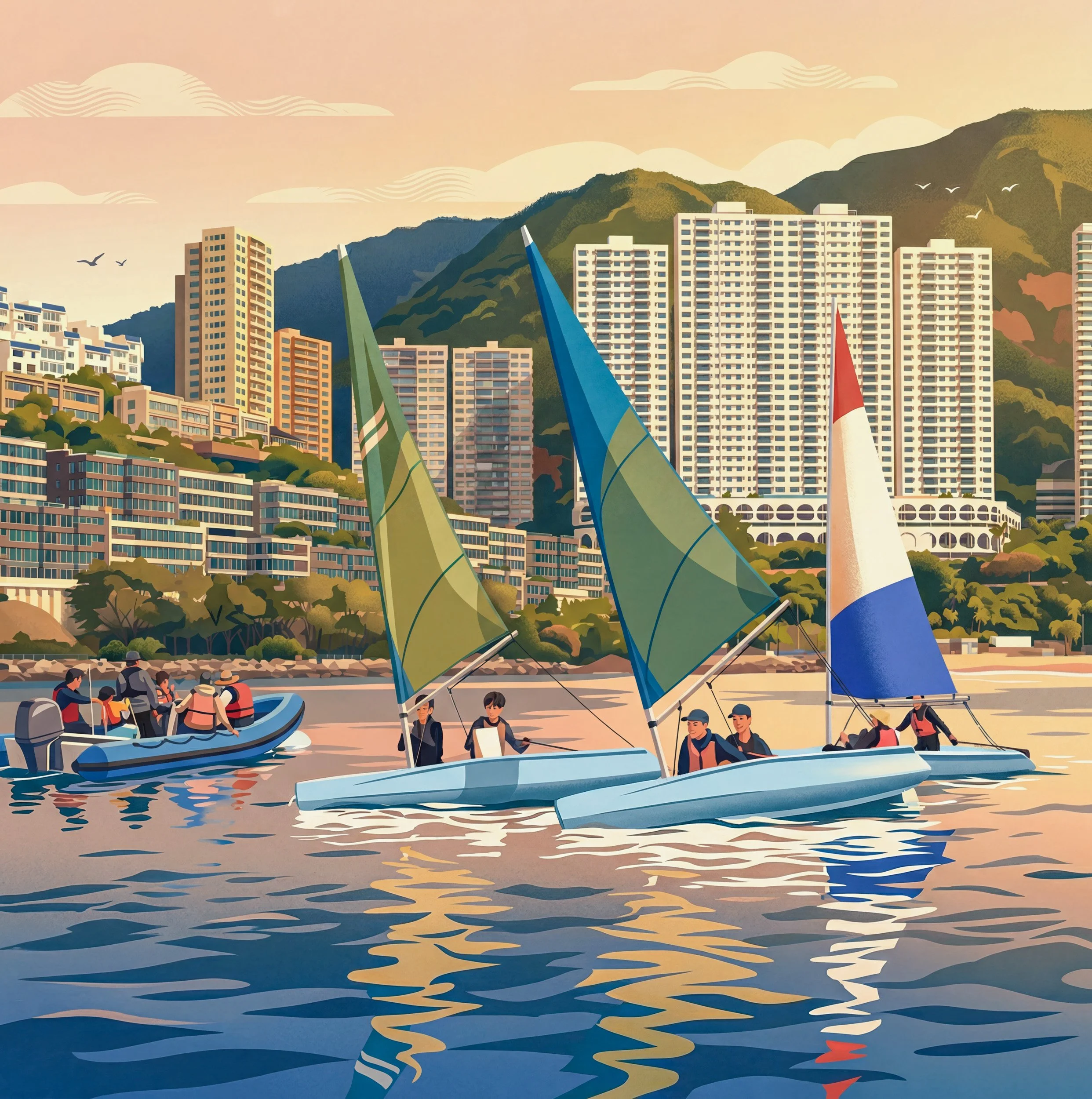 People sailing boats on calm water near a waterfront with high-rise apartment buildings and green hills in the background during sunset.