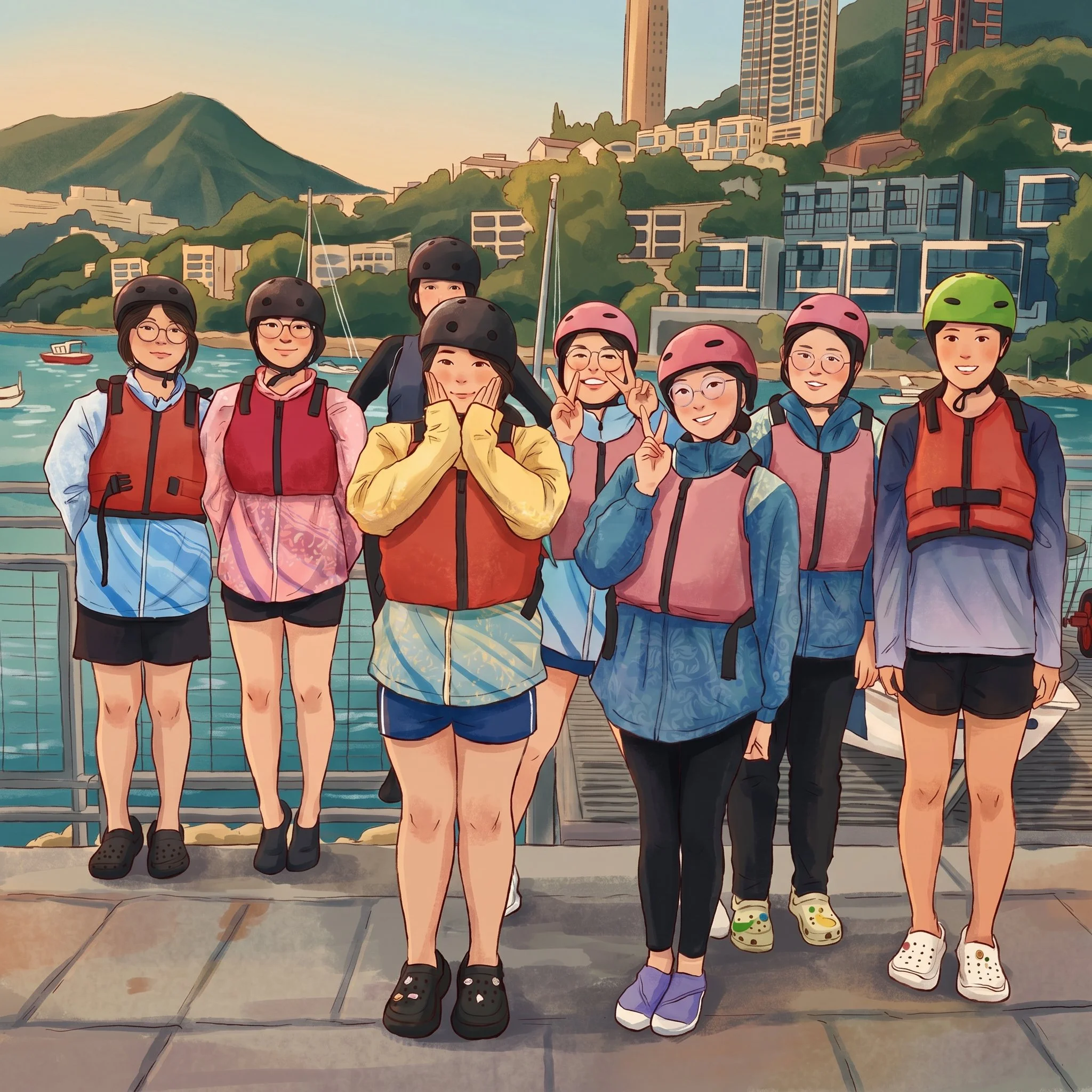 Group of young women with helmets, wearing casual clothes, standing on a waterfront with boats and a cityscape with high-rise buildings and mountains in the background.