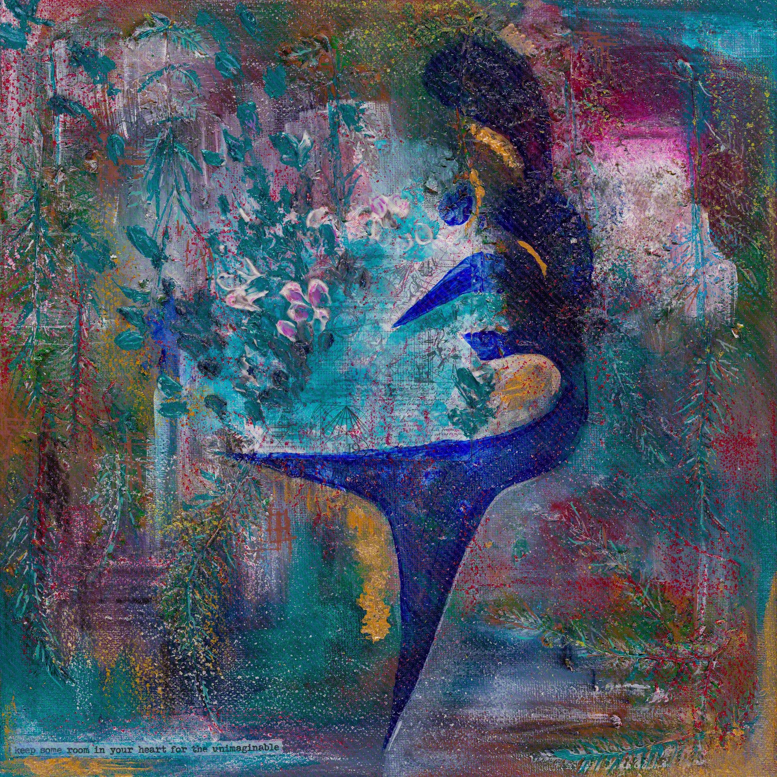 An abstract, colorful painting with a mix of vibrant hues, textured brushstrokes, and layered paint. There is a quote at the bottom that reads, "keep some room in your heart for the unimaginable."