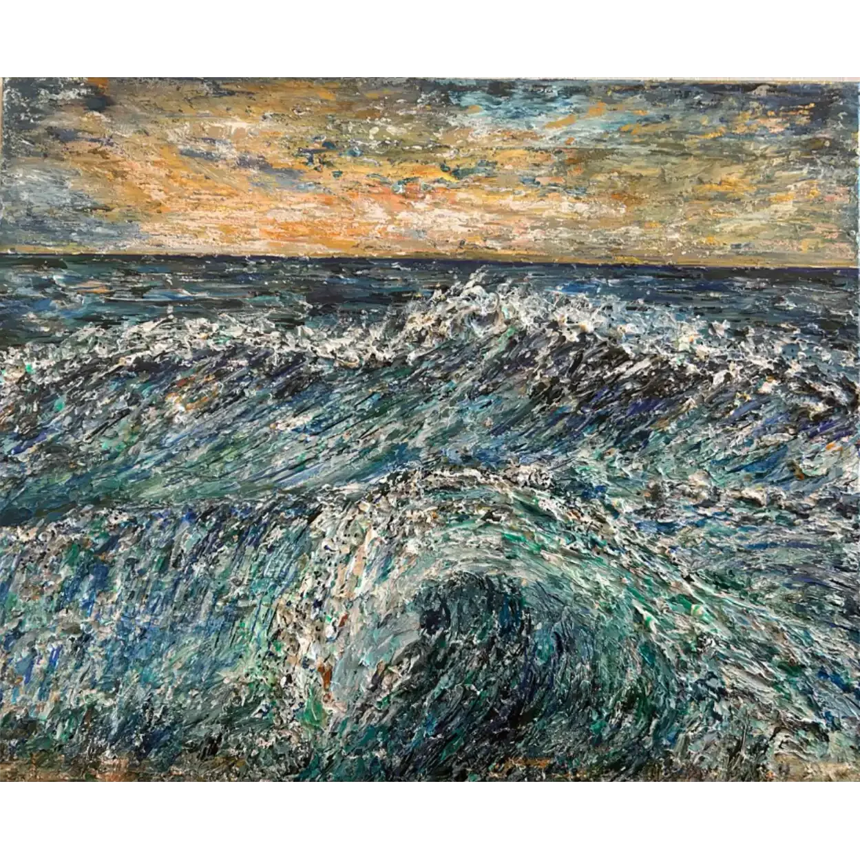 An impressionistic painting of the ocean with waves crashing, a sunset sky with warm colors, and a distant horizon.