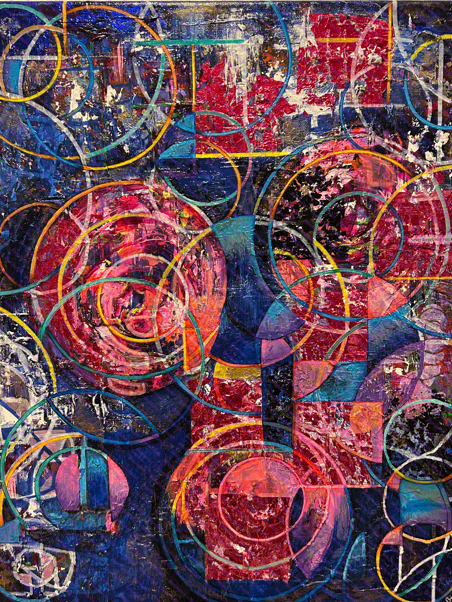 Abstract painting with vibrant colors featuring numerous overlapping circles and geometric shapes, predominantly in shades of purple, blue, red, pink, yellow, and green.