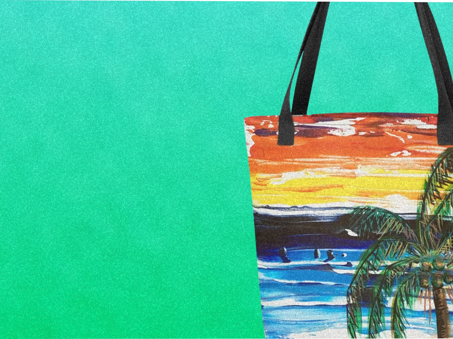Colorful tote bag with a sunset and ocean design, featuring palm trees, on a teal background.