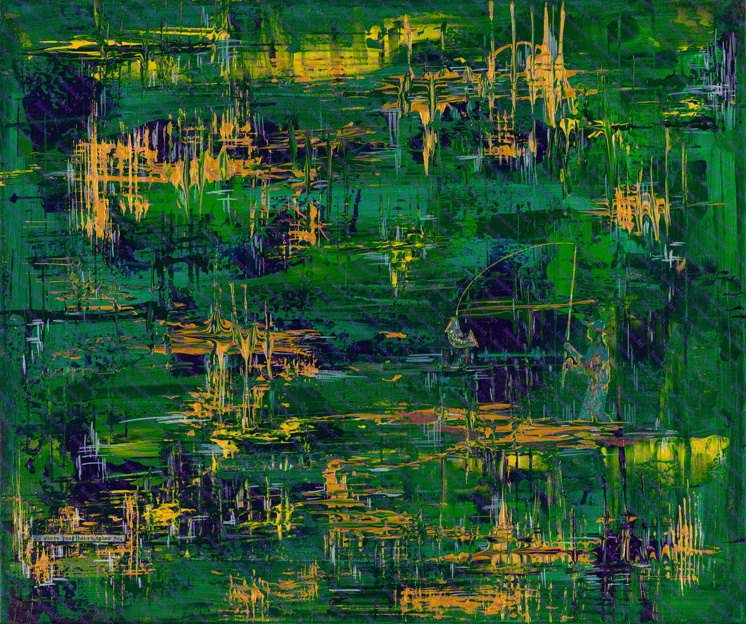Abstract artwork with vibrant green, yellow, purple, and black streaks