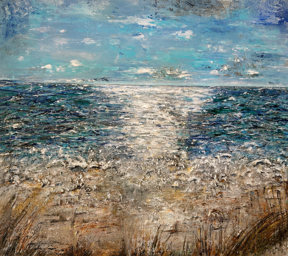 Impressionist painting of a beach scene with blue sky, ocean waves, and sandy shore with grass in the foreground.