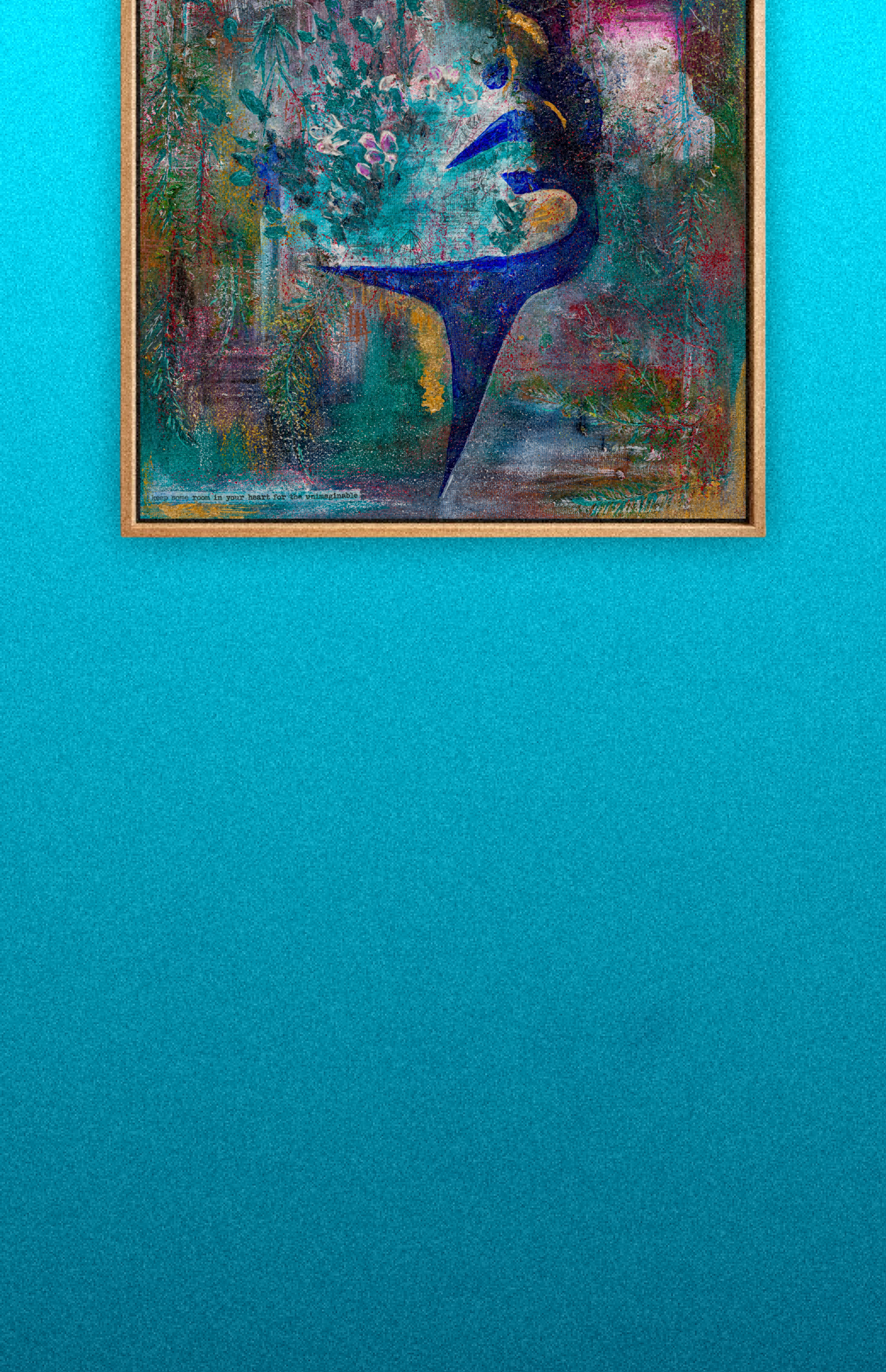 Colourful abstract painting of flowers and foliage, mounted on a turquoise wall.