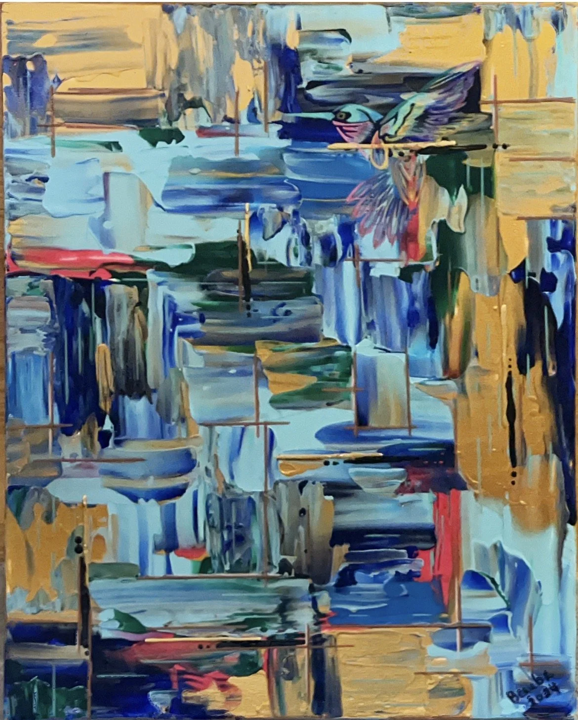 Abstract painting with vibrant strokes of blue, yellow, red, and green, featuring a bird with colorful wings at the center.